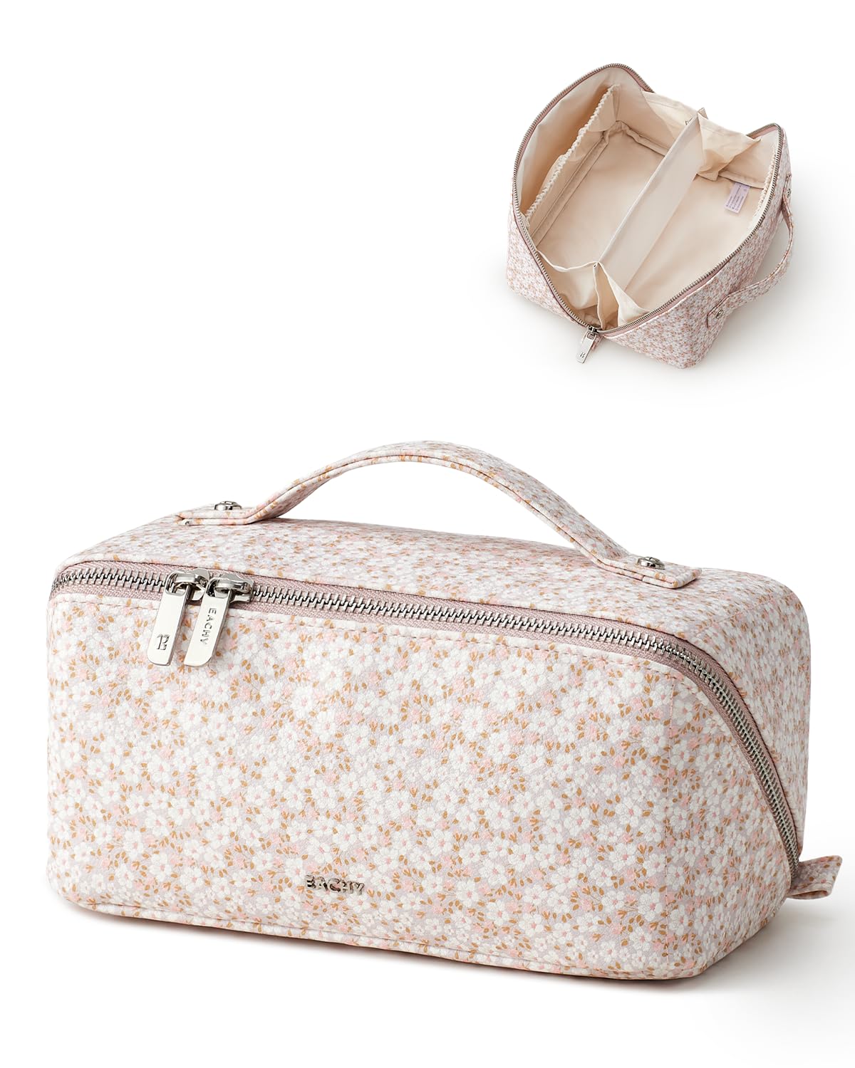 EACHY Makeup Bag, Waterproof PU Leather Travel Toiletry Bag for Women, 180° Wide-Open Flat Cosmetic Bag, Large Capacity Makeup Pouch with Divider and Handle