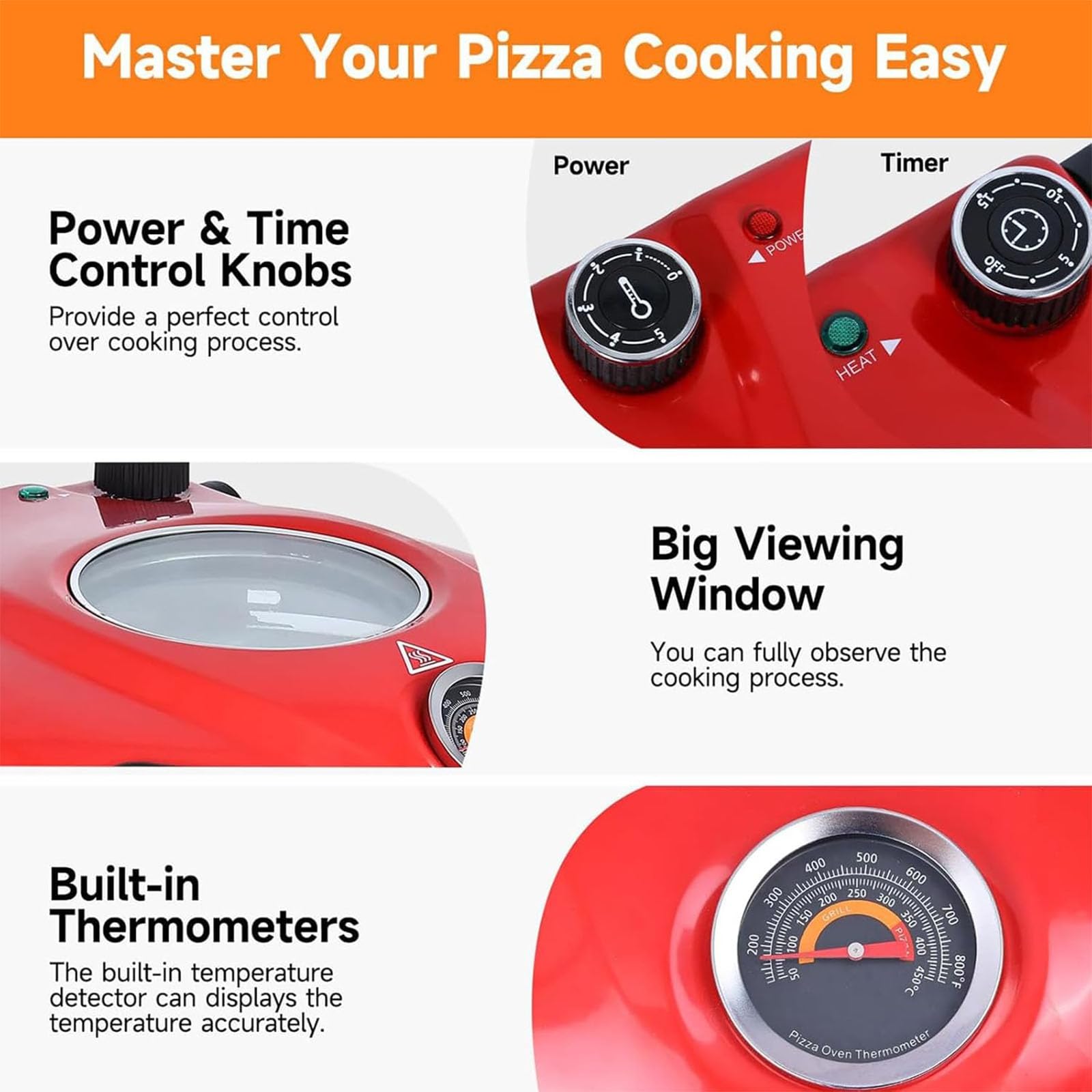 ERICAT Forno per Pizza, Forno Elettrico per Pizza da 12 Pollici con Finestra in Vetro E Griglia, Riscaldamento Rapido da 1200 W E Controllo della Temperatura a 420 ℃, per Cucinare All'Aperto