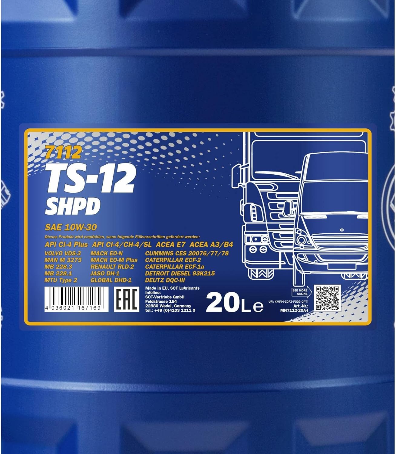 Engine Oil TS-12 SHPD 10W-30 by MANNOL- 7112 All-Weather Semi-Synthetic Motor Oil for Heavy Duty Diesel Engines, 20L
