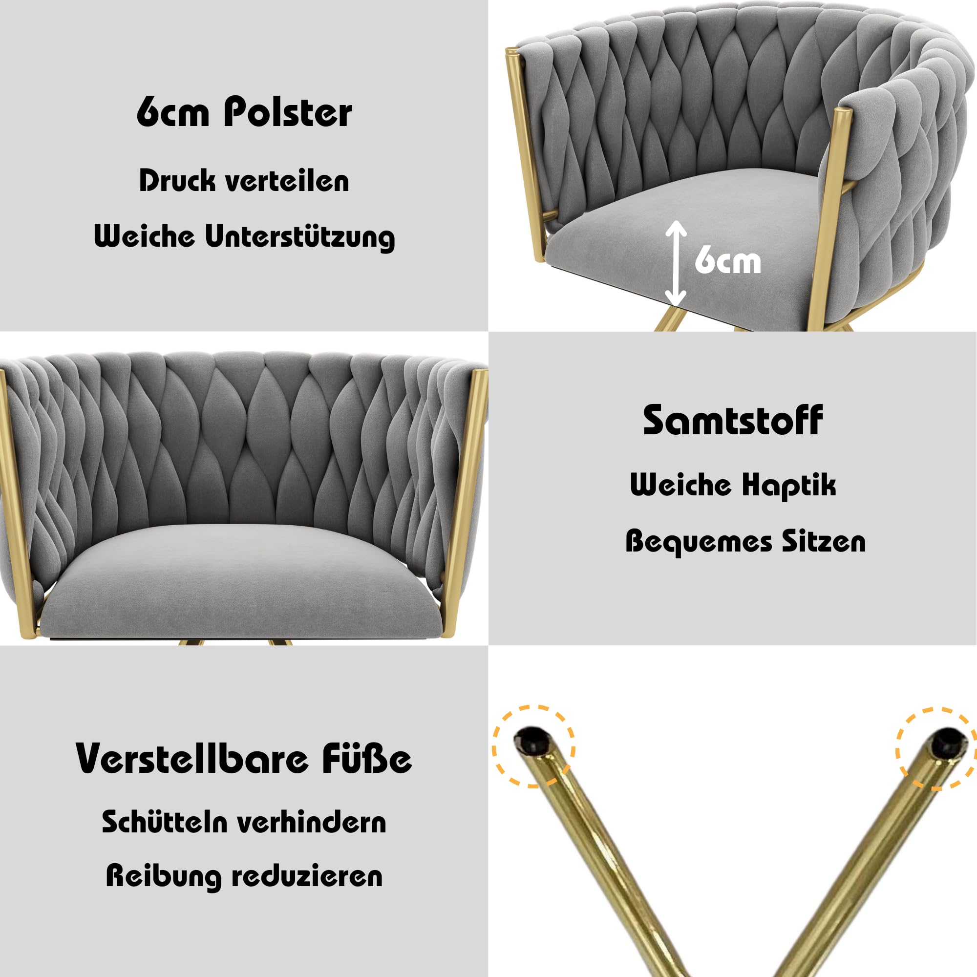 Merax Drehstuhl 4er Set, Moderne Armlehnstuhl aus Samt, Esszimmerstuhl Drehbar mit Metallbeinen, für Esszimmer, Wohnzimmer, Schlafzimmer, Grau und Gold
