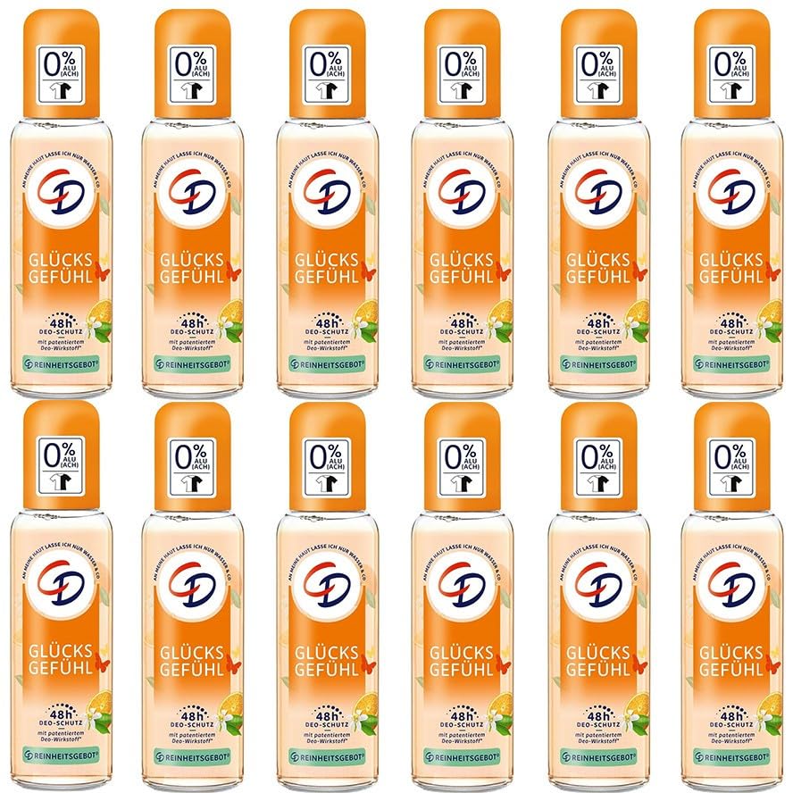 12x CD Deo Zerstäuber/Pump Spray Glücks Gefühl Deodorant 48h Schutz Deodorant ohne Aluminiumsalze (ACH) 48h langanhaltender Schutz für empfindliche Haut geeignet vegane Körperpflege,75ml (12er Pack)