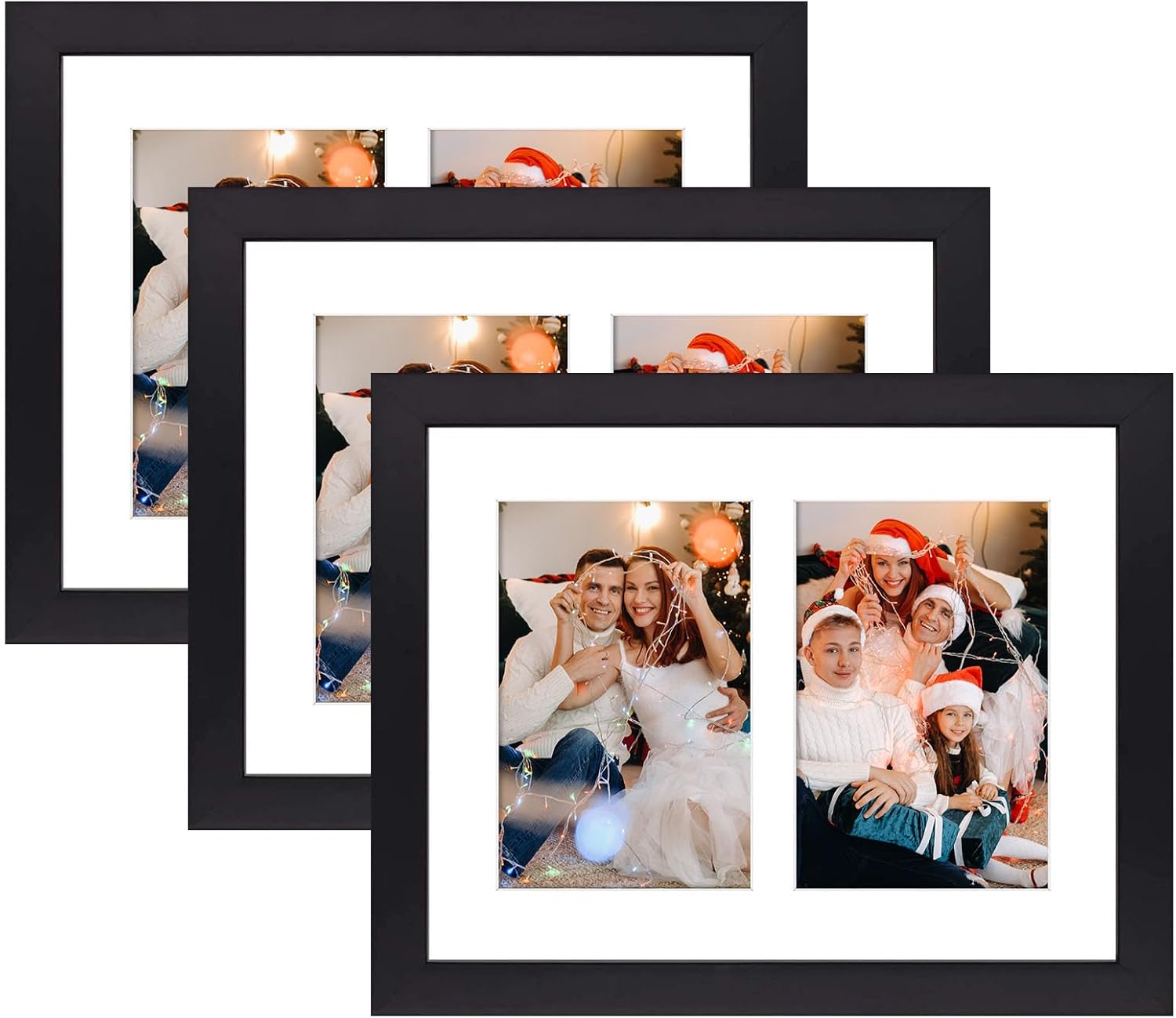 Golden State Art, 4x6 Double Picture Frame in Black - 8x10 Collage Frame, Solid Wood with Tempered Glass - Horizontal and Vertical Formats for Wall and Tabletop, 3 Pack