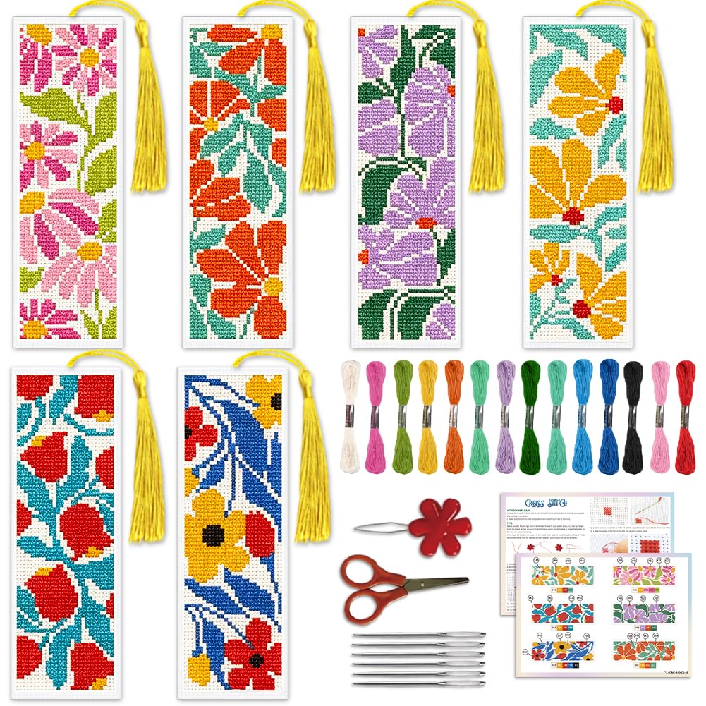 ACRNIGHEET 6PCS Cross Stitch Bookmark Kit for Beginner(Boho Floral)