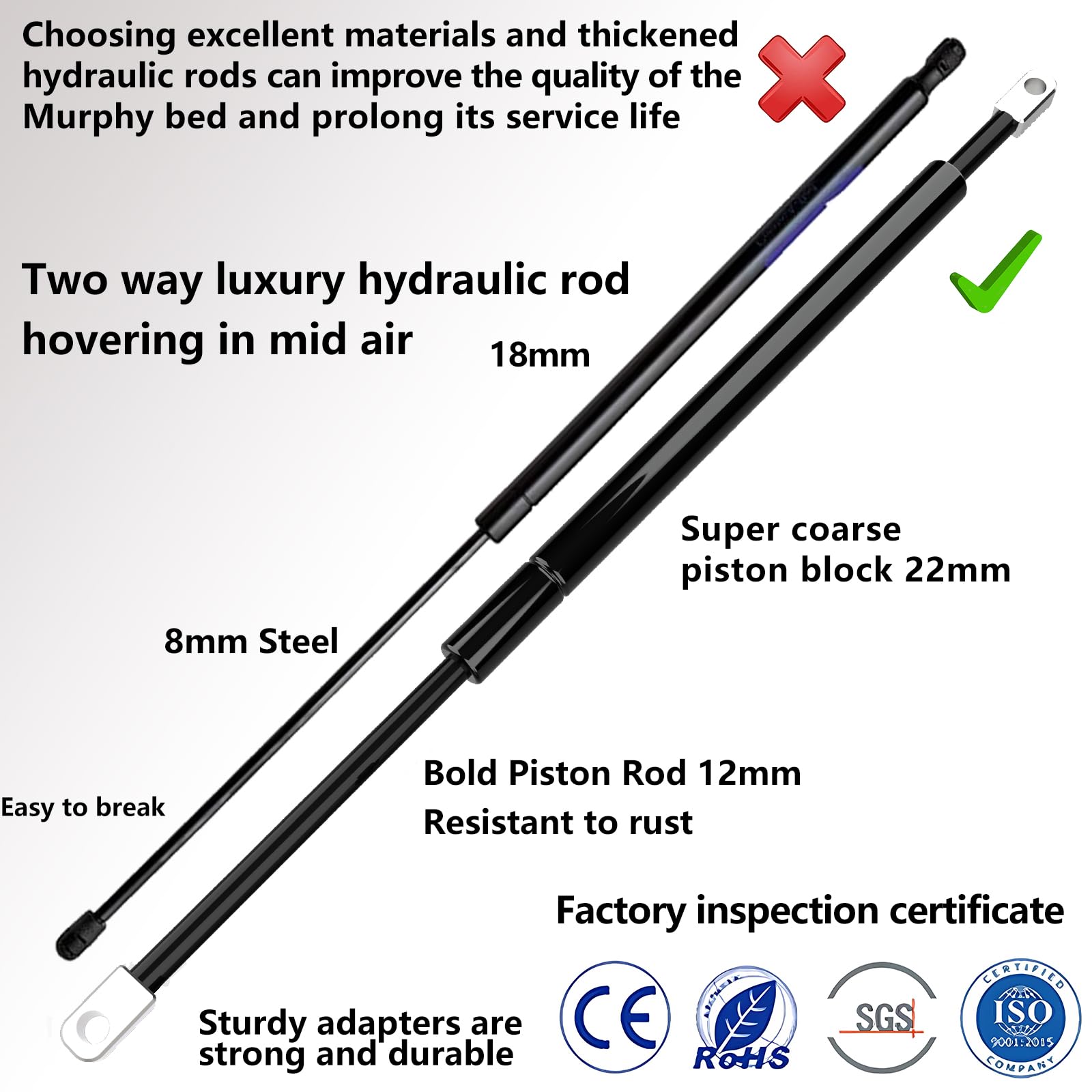 Create A Luxurious Bed Murphy Kit de herrajes para cama de cama Hover in Mid Air Hydraulic Rod Gas Spring System (Horizontal, individual/individual XL)