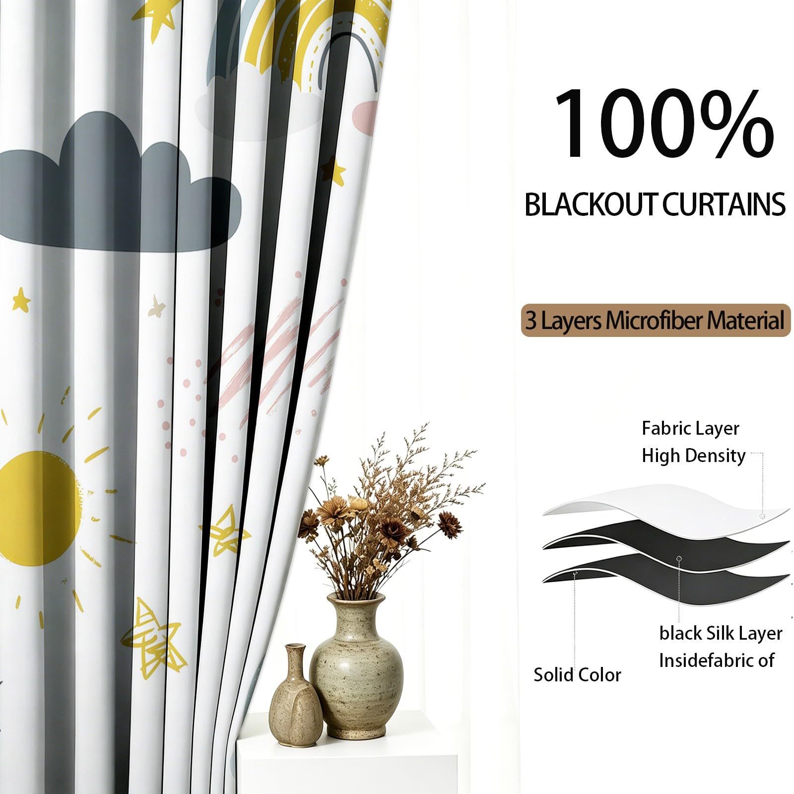 Rideaux Set de 2 70 x 240 cm, Blanc Dessin Animé Réduction du Bruit Résistant à la décoloration Rideau, Arc-en Étoile Filante Nuage Soleil Étoiles Imprimer Rideaux pour Cuisine Salle à Manger Salon