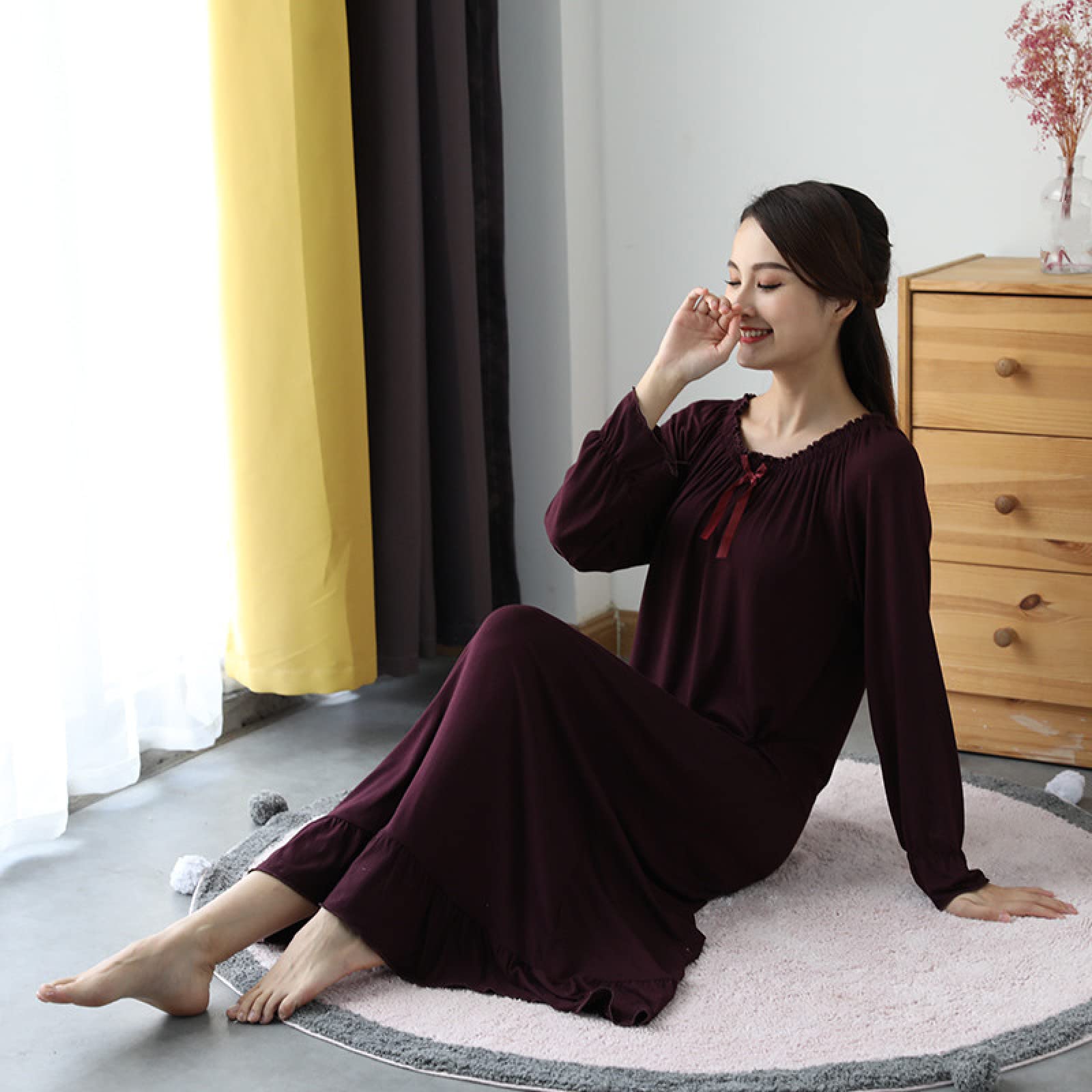 Camicia da Notte Donna - Primavera Autunno Tinta Unita Camicia da Notte O-Neck Morbido Camicia da Notte Confortevole Principessa Traspirante Pigiameria Plus Size Lingerie