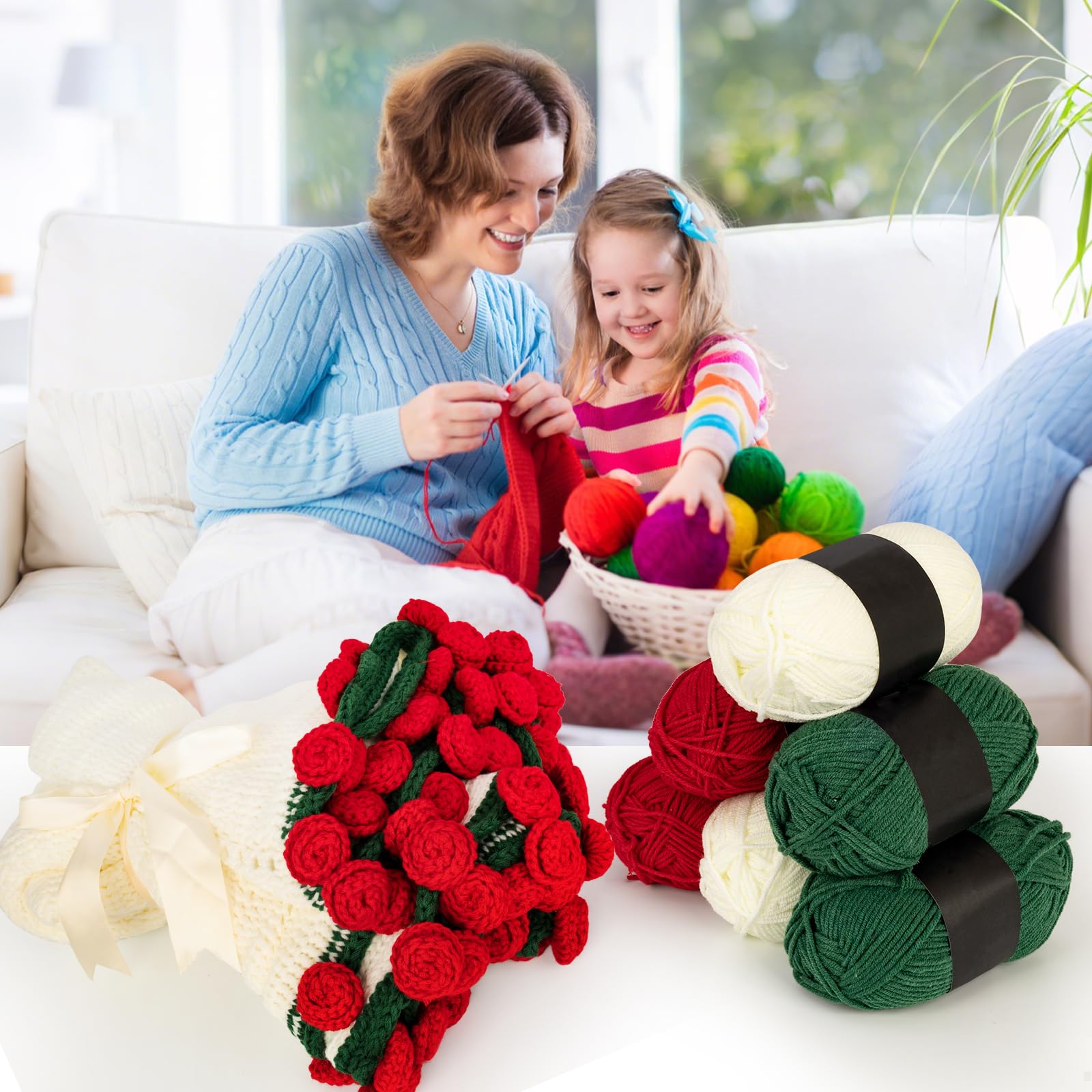 Xisakaca Blumendecken-Set für Anfänger, handgefertigtes Rosenstrauß-Häkelgarn, Zubehör, Strickset für Erwachsene für DIY-Frauen (dunkelrot, Materialpaket 90 cm)