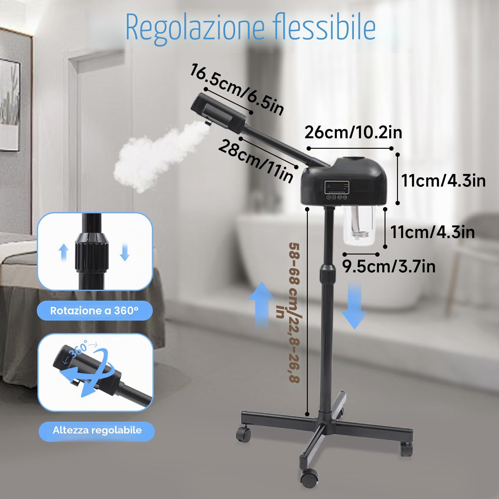 vapozone portatile estetico professionale regolabile in altezza vapore facciale con schermo LCD e ruote, adatto per saloni di bellezza a casa (nero)