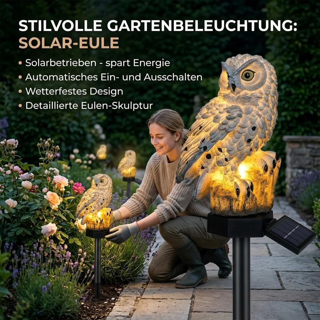 Hermhoffer Luma Eule Solar Gartenlampe Beweglich LED Laterne Outdoor Weiß+Braun
