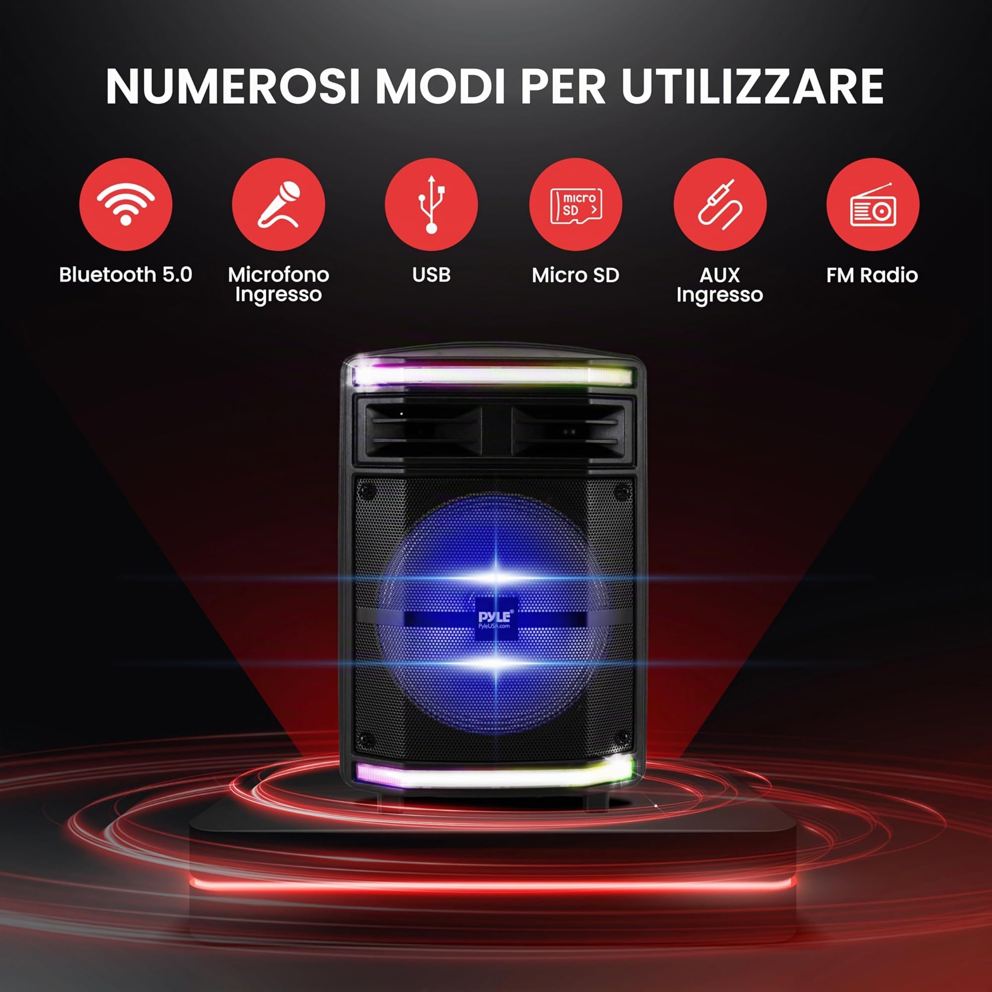 Pyle Speaker Bluetooth Portatile Ricaricabile da 600 Watt, Altoparlante Amplificato Portatile con Ingresso Microfono da 2,54cm, Luci da Festa, Lettore di Schede MP3/USB SD e Ruote Girevoli
