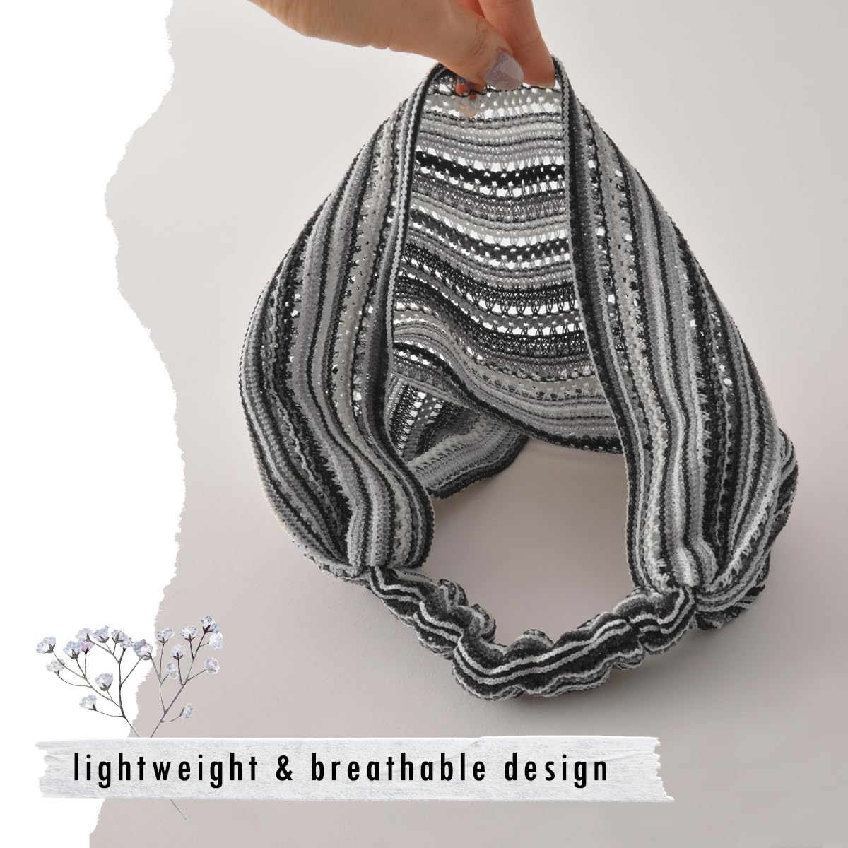 Breites Sommer-Stirnband für Damen & Herren, Leichtes Mesh Bandana, Häkel-Haarband Hipster Strick, Atmungsaktiver Crochet Schwarz