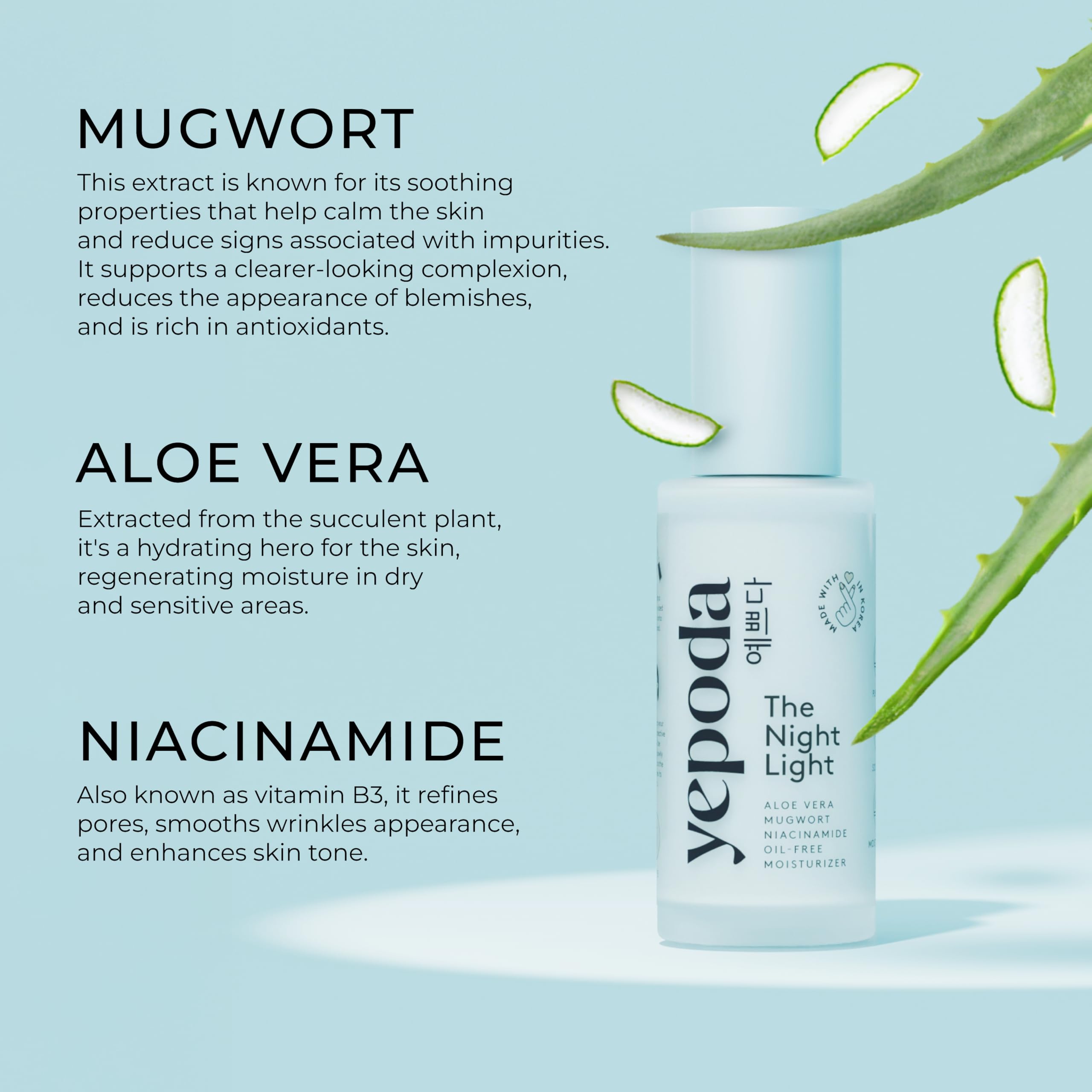Yepoda The Night Light, Crema Notte Idratante Purificante e Lenitiva Senza Oli con Aloe Vera, Artemisia e Niacinamide, Crema Viso Vegana Coreana Per Tutti i Tipi di Pelle, 50 ml