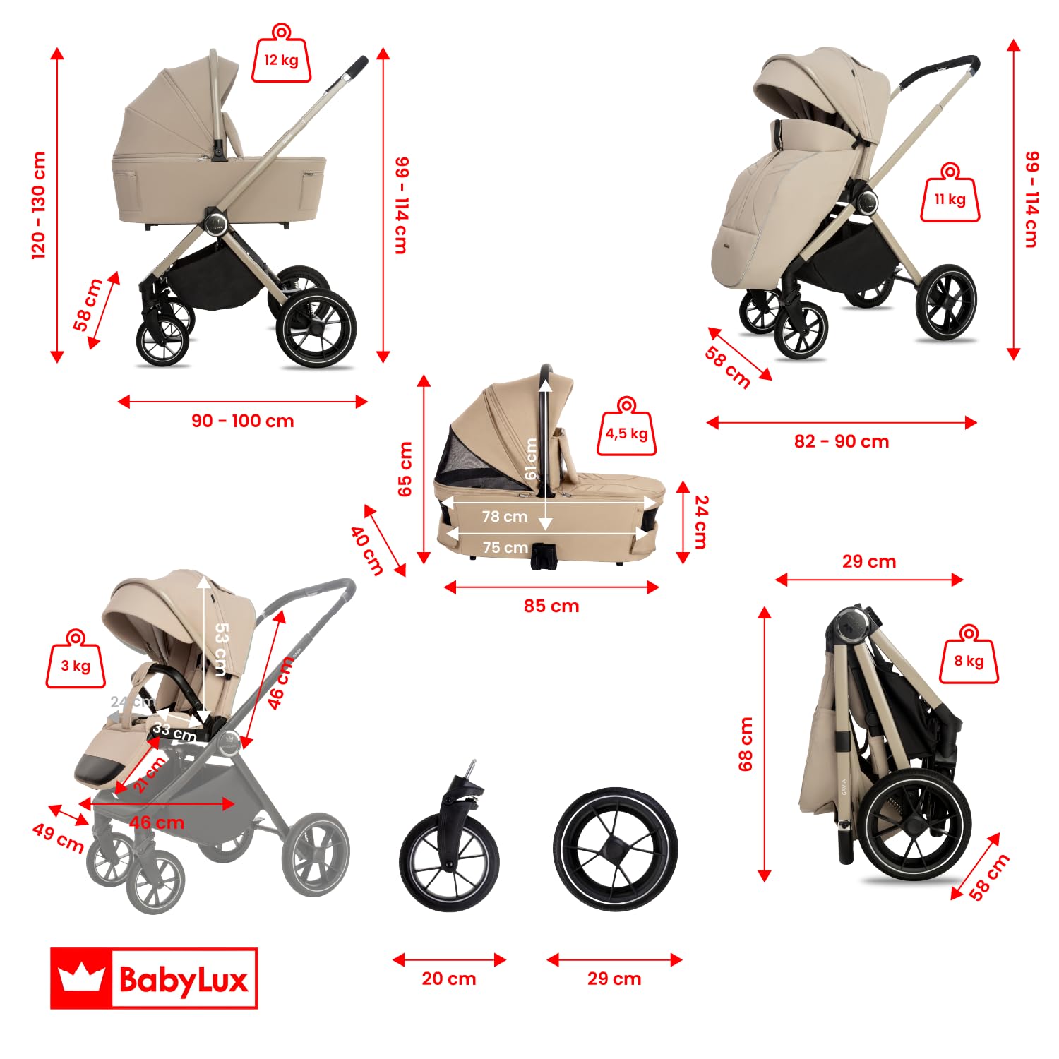 BabyLux® Poussette 3en1 GAVIA, Pliable Set De Poussettes Combinées Légères