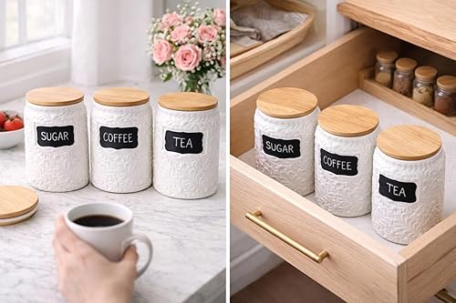 Miniatura 8 de Juego de 2 recipientes de cocina de cerámica (94 onzas y 52 onzas), recipientes decorativos de harina y azúcar con tapas herméticas de bambú, tarros