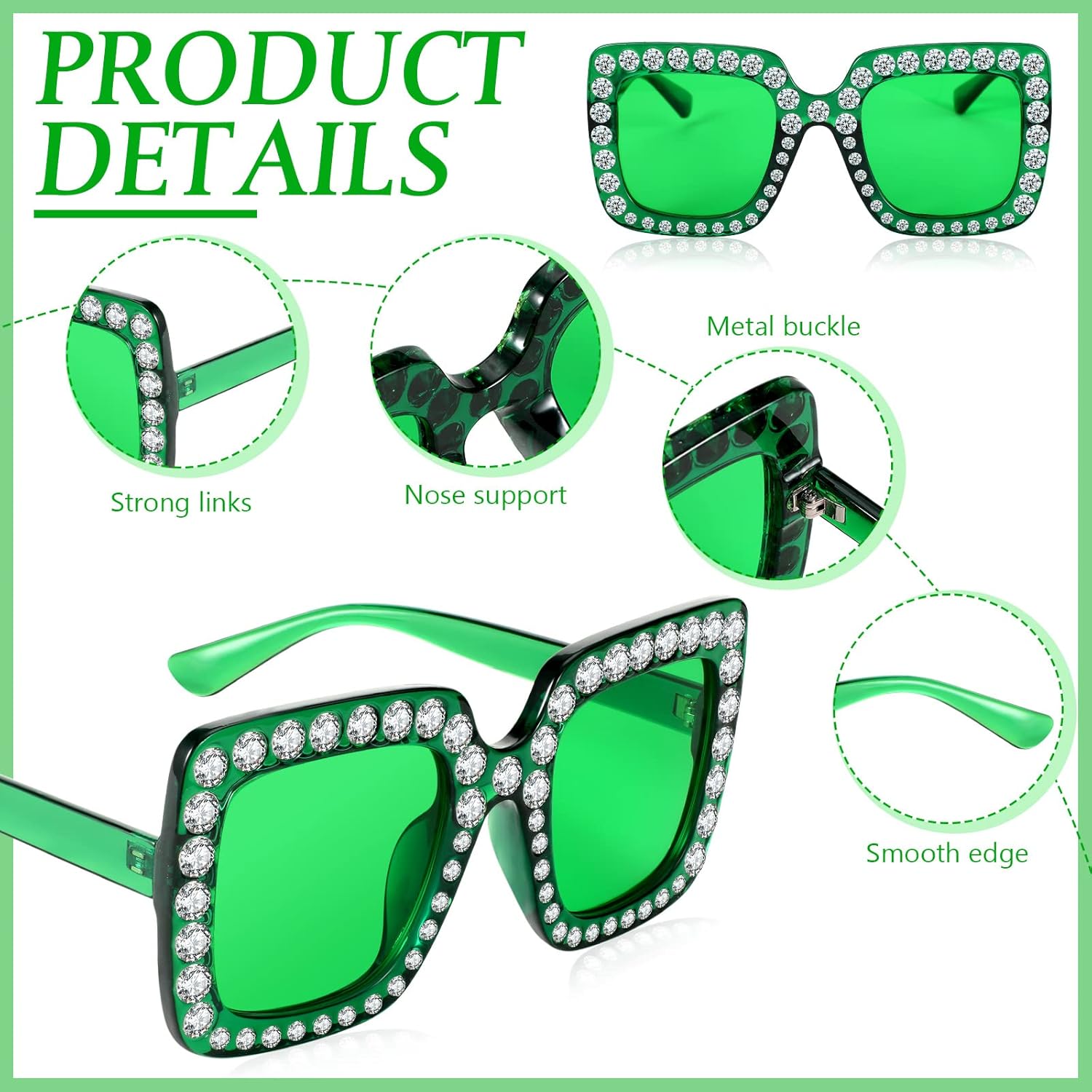 Ecally 6 Pcs St. Patrick's Day Green Square Rhinestone Sunglasses Oversized Crystal Sunglasses Glitter Diamond Bling Glasses Retro Thick Frame Sunglasses for Women Men Costume Party Gift