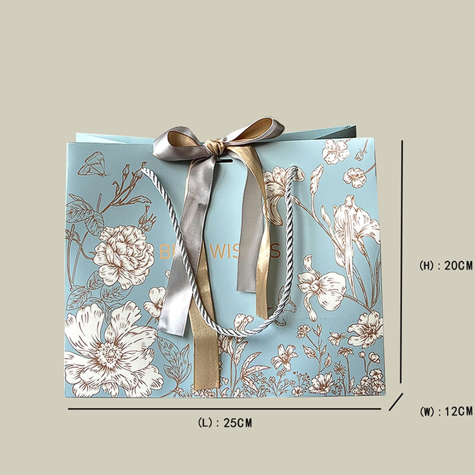 Bolsas de papel con lazo azul (paquete 20 por tamaño), asa cinta gruesa, for tiendas ropa, embalajes minoristas y cumpleaños(M)