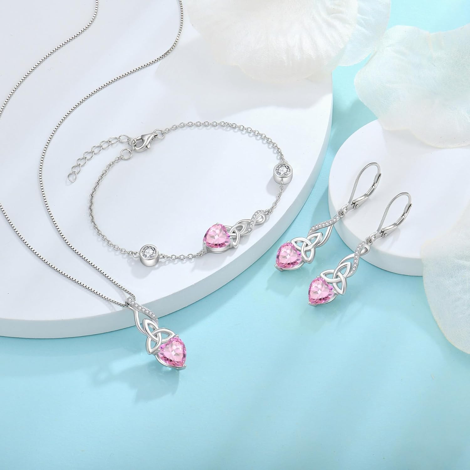 Infinity Celtic Knot Jewelry Set for Women 925 Sterling Silver Irish Necklace Pink Tourmaline Dangle Drop Leverback Earrings and Bracelet October Birthstone Jewelry Gifts for Her - Image 4