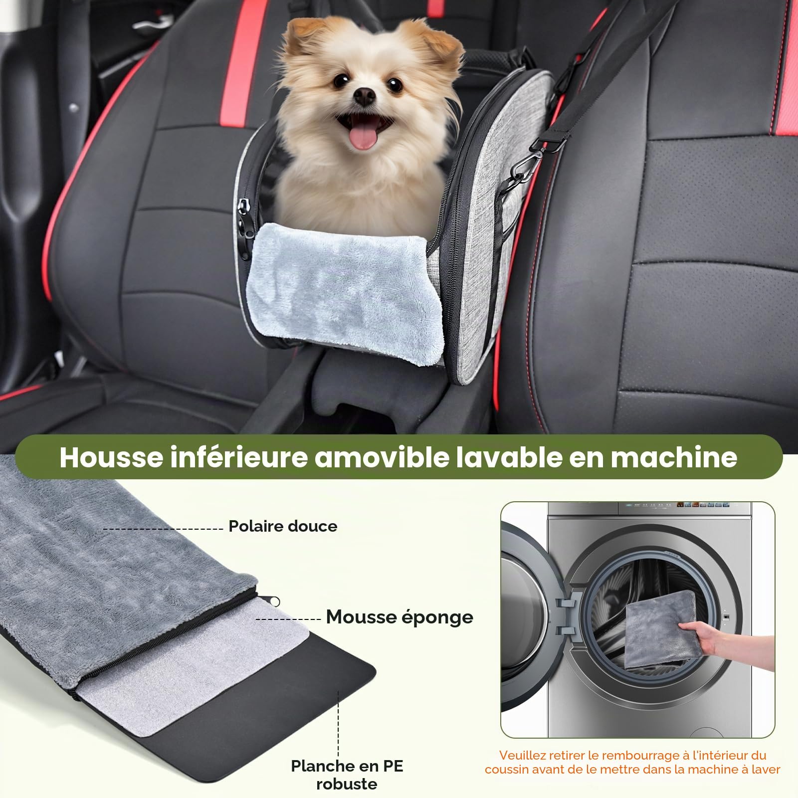 Siège Auto pour Petits Chiens Chats – Console Centrale Siège Auto Chien, Siège Portable avec Double Ceinture de Sécurité et Dessous Antidérapant, Coussin Lavable, Sac de Rangement, Gris