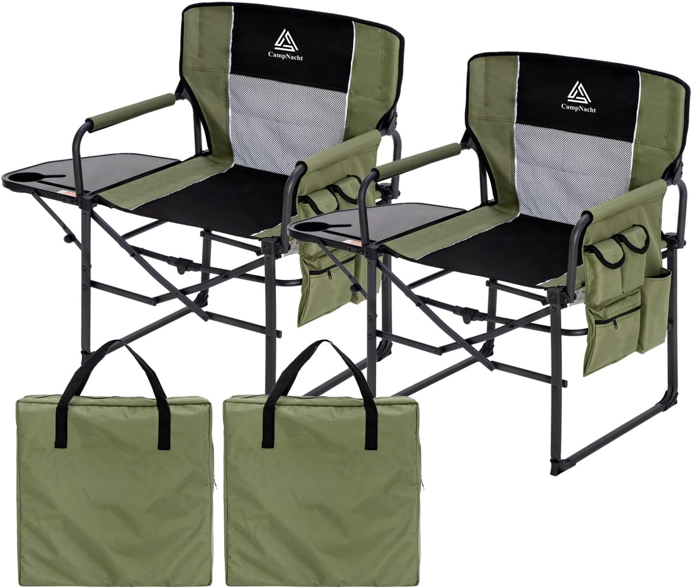 Wide Folding Director Chair with Table, Outdoor Camping Chair for Adults with Cup Holder Load 330 Lbs, Portable Lightweight Chair for Outside with Carry Bag for Patio, Green-2Pack