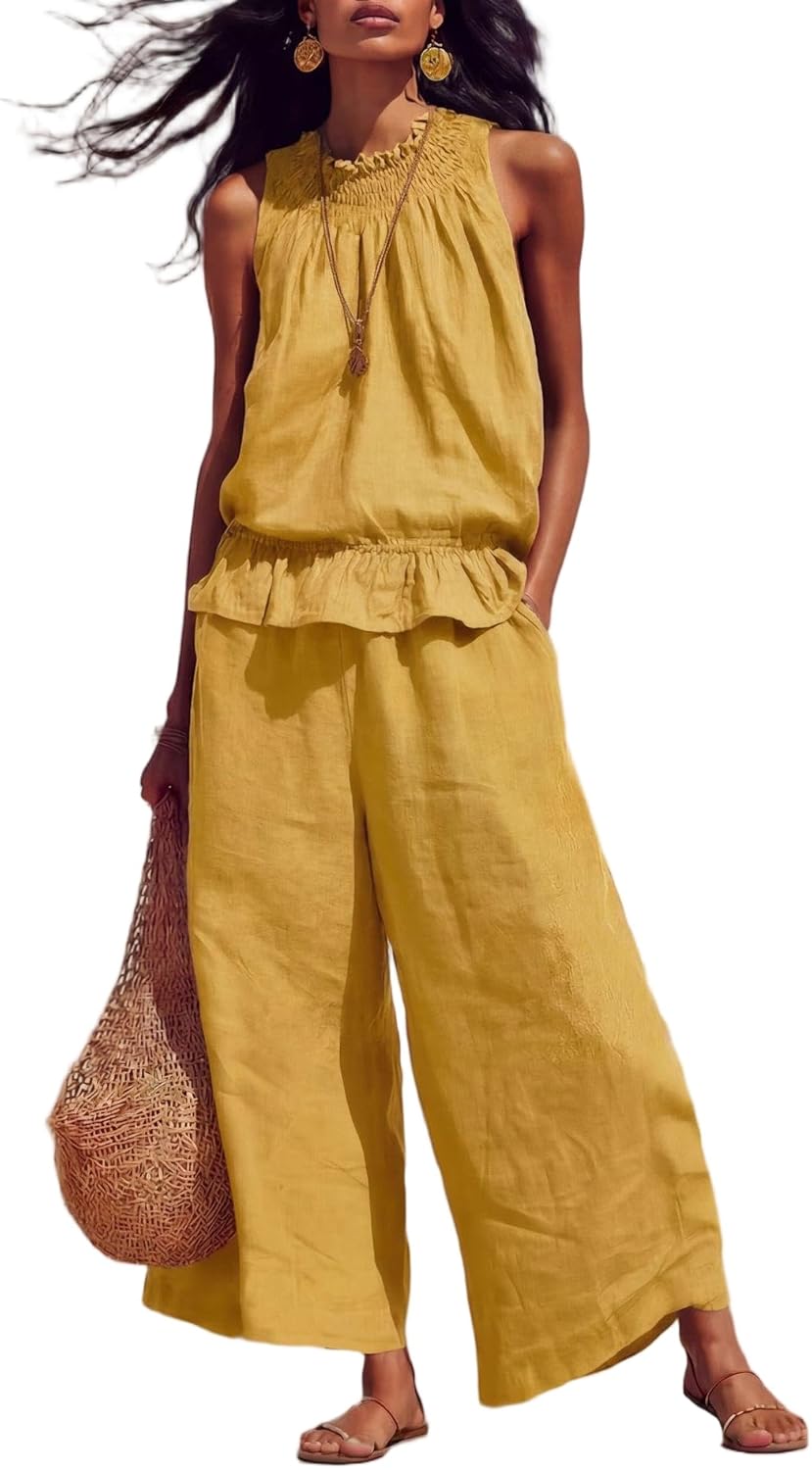 DEPENSL Women's Summer 2 Piece Outfits Sleeveless Mock Neck Tank Top Wide Leg Pants Set Travel Airport Beach Vacation Outfits
