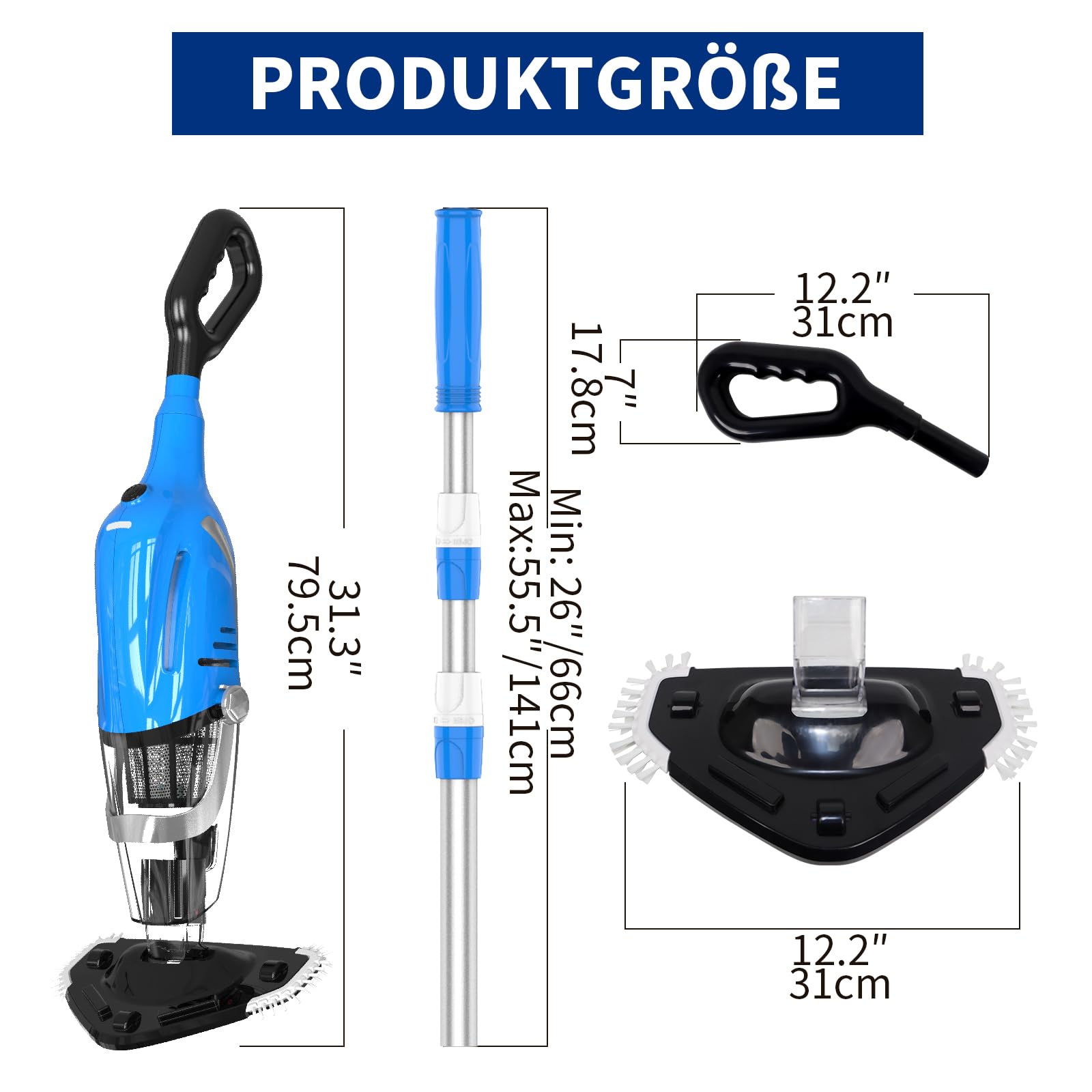 2026 Poolsauger mit Akku, Pool Bodensauger Handsauger Kabellos, 60 Minuten Laufzeit Elektrisch Pool Staubsauger mit Teleskopstange, Poolreiniger für Spas, Whirlpools, Pools, Blau