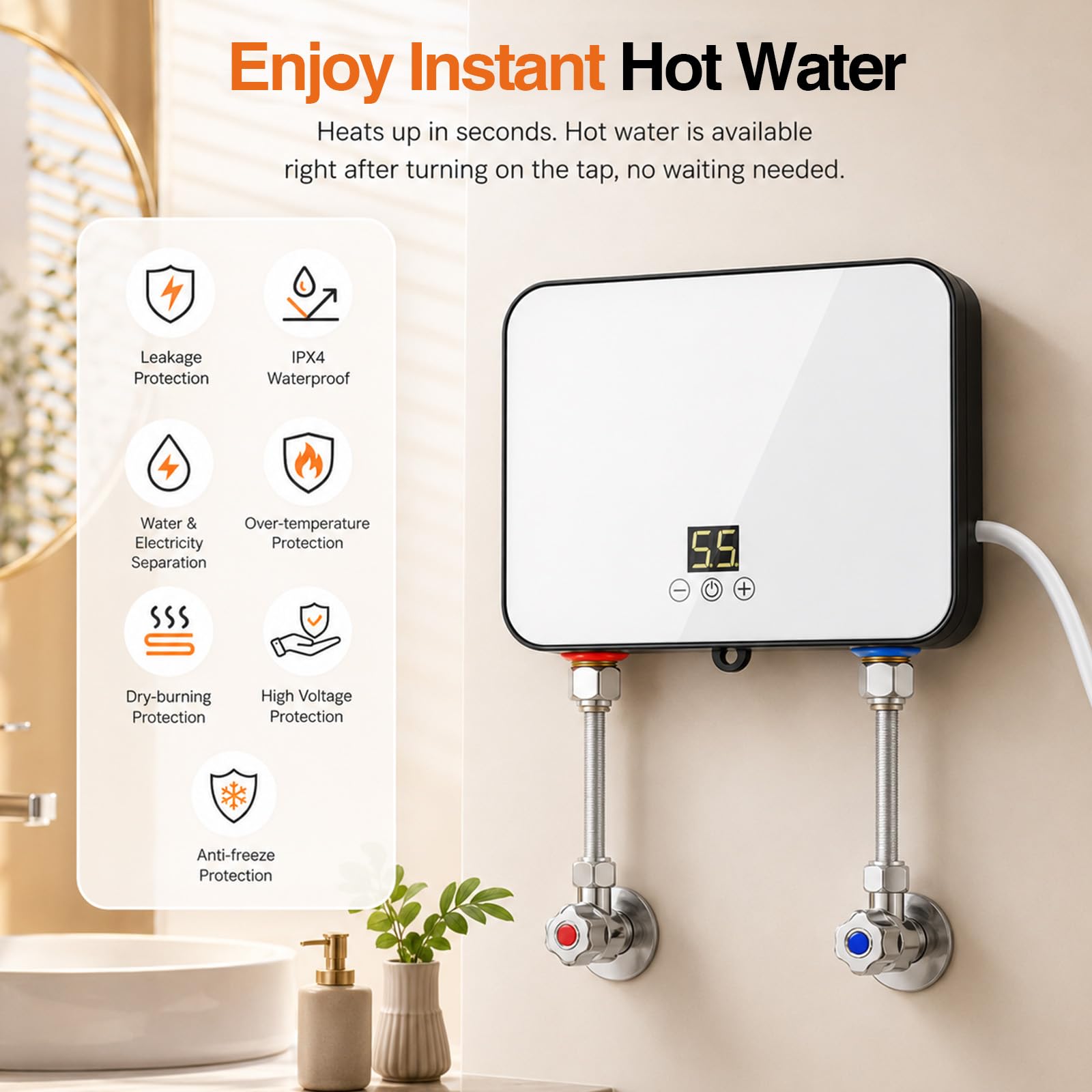 Electric Instantaneous Water Heater 5500W 220V Calentador de Agua Eléctrico Resistente a Presión Almacenamiento Bajo Mesa con Pantalla LCD Temperatura para Ducha, Baño, Cocina para Ducha, Baño, Cocina