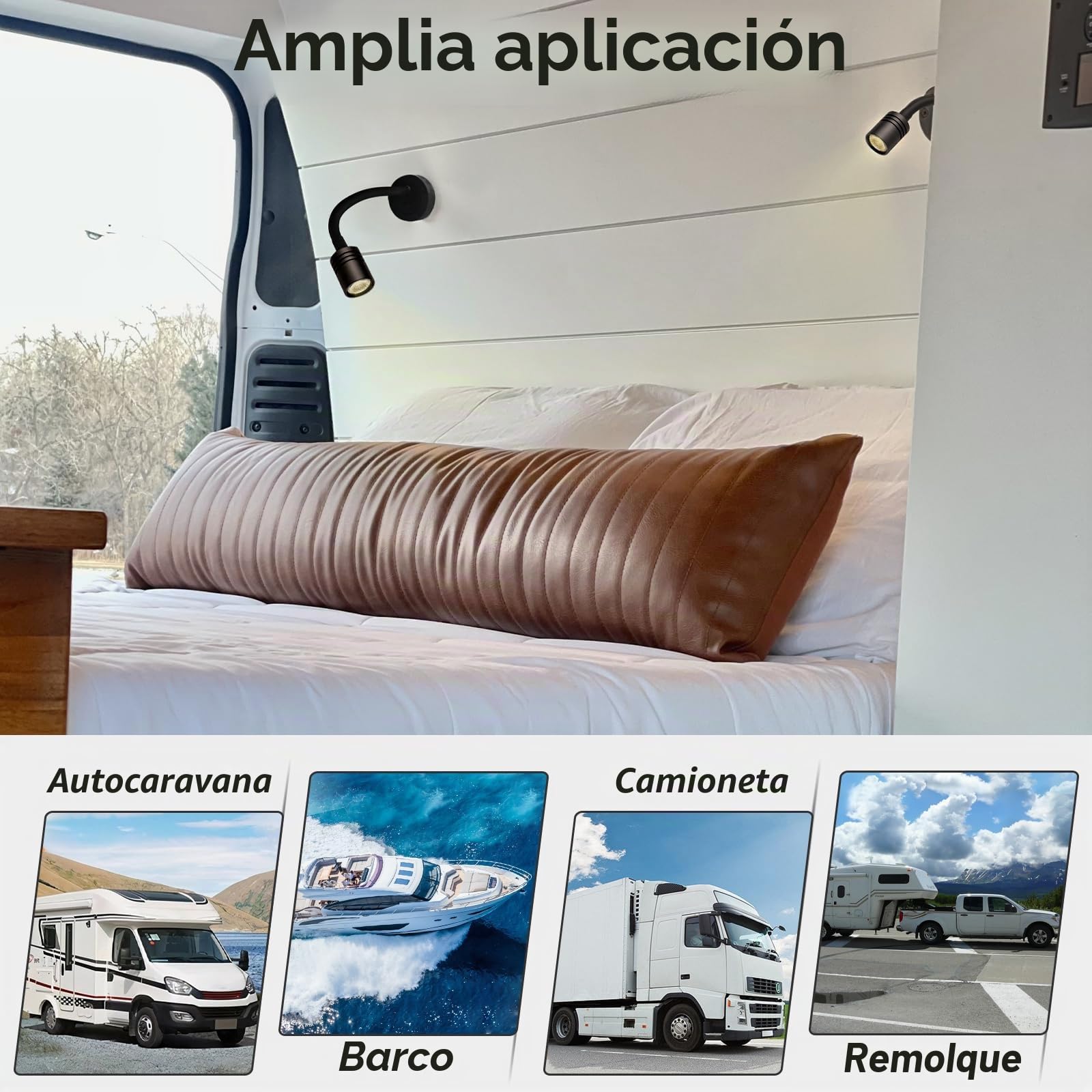 2 x Lámpara de lectura LED 12V Camper Junto a la Cama Negro Pared Regulable Flexible Cuello de Cisne DC 24V para Autocaravana Furgoneta Barco Cabina, Equipado USB & Pulsador Regulador