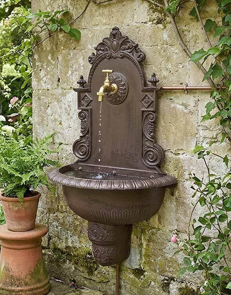 zeitzone Wandbrunnen Antik-Stil Waschbecken mit Wasserhahn Nostalgie Metall Braun