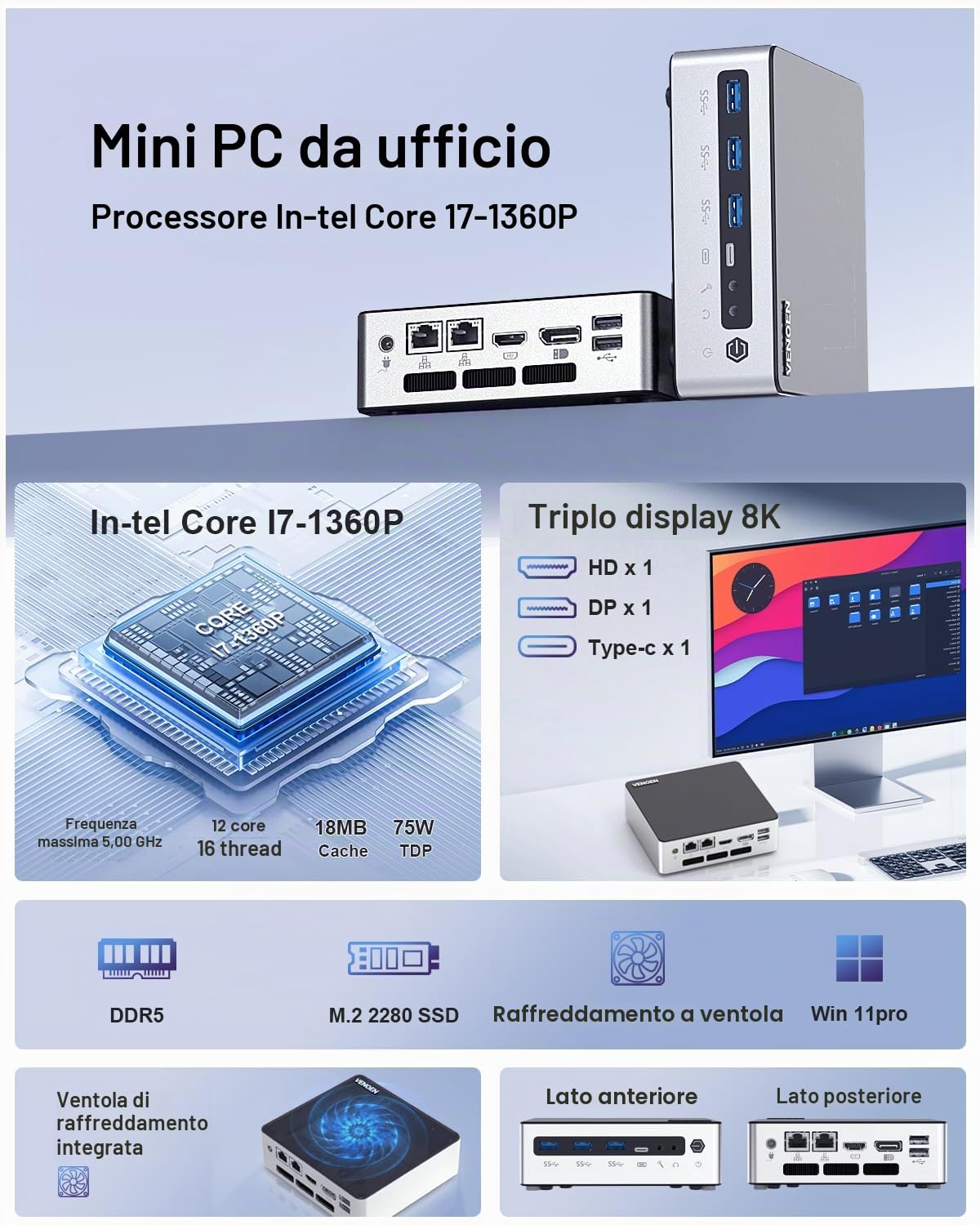 Mini PC Core i7 1360P di 13a generazione Win 11 Pro, PC dell'ufficio, 16GB RAM DDR5 SSD M.2 512GB, HD2.0, DP1.4, USB-C 4K, Home Computer, RJ45 Lan, Wifi 6, BT5.0, USB3.2, WOL, PXE, Small Computer
