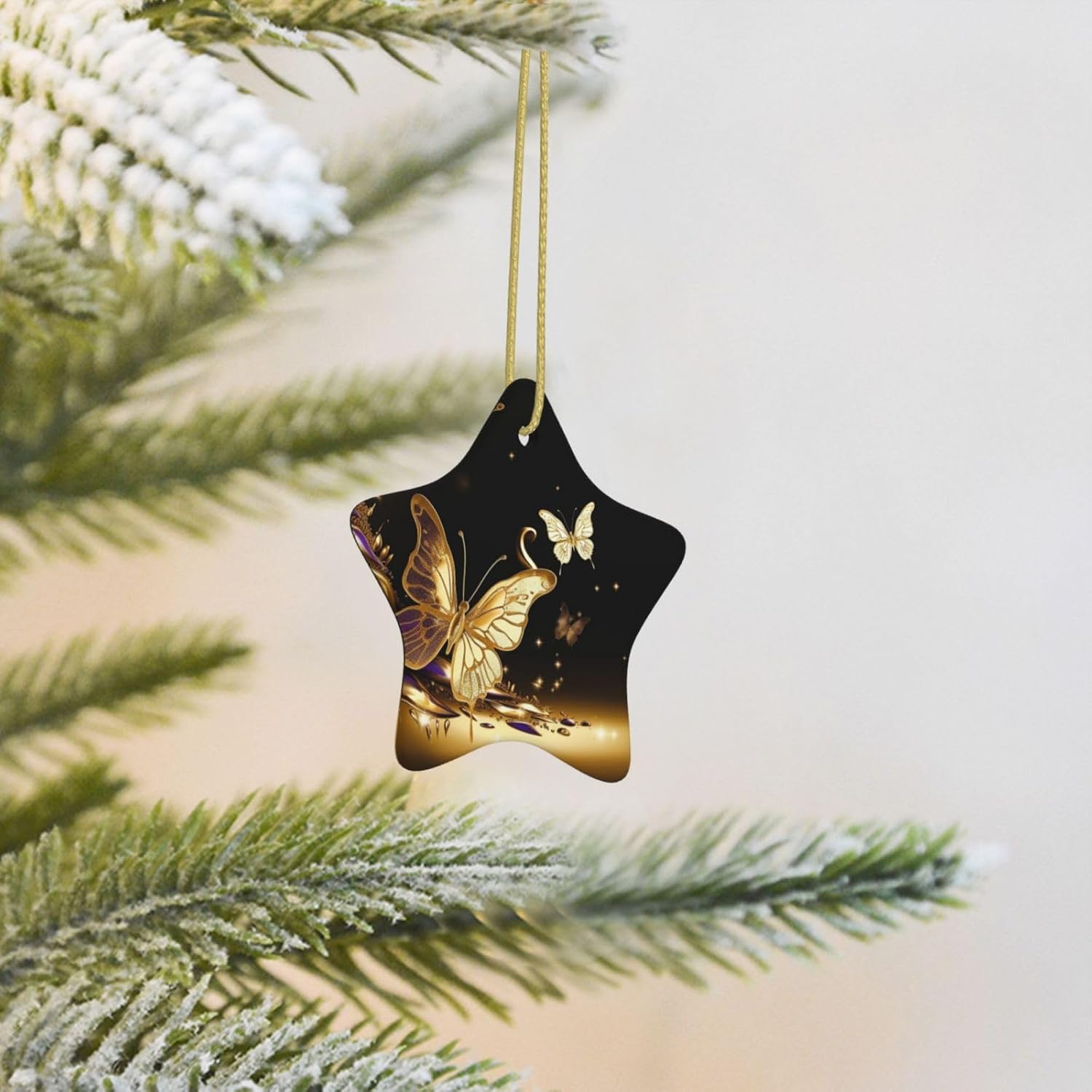 Christmas Ornaments Ceramic Star Shaped Christmas Hanging Ornament Double-Sided Gold Butterflies Print Christmas Tree Pendants for Xmas Tree Fireplace Party Holiday Wedding