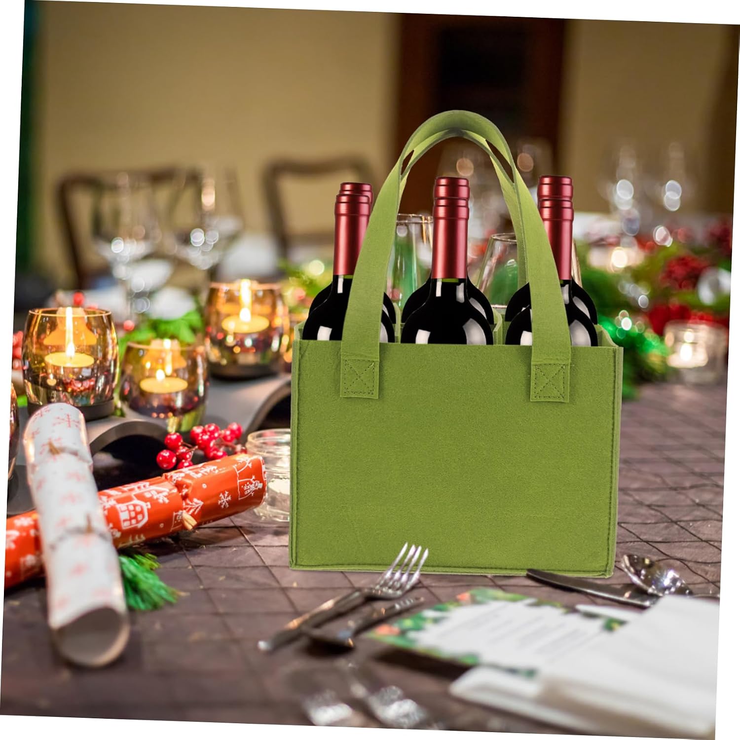 6 Bottles Felt Wine Bottle Carrying Bag Green