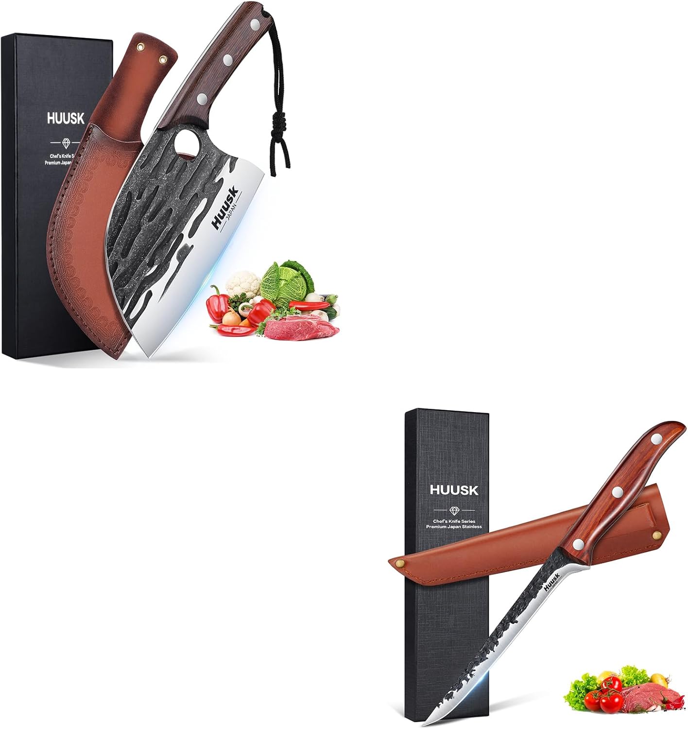 Huusk Japan Knife Set, Viking Knife with Sheath, Chopping Knife for Cutting Meat, Hand Forged Chef's Butcher Full Cut Boning Knife for Outdoor Cooking, Kitchen De-Boning or Camping Barbecue