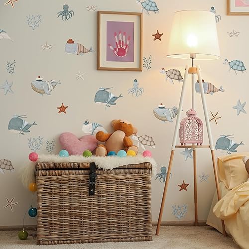 Miniatura 21 de funlife Calcomanías de pared de acuarela para despegar y pegar, calcomanías de pared de animales marinos, calcomanías de pared bajo el mar