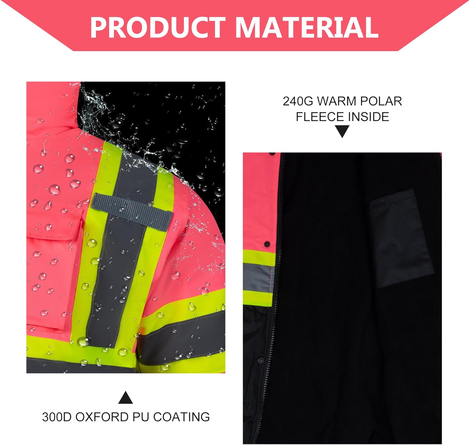 Safety Jackets for Women Reflective Hi Vis Winter Hoodie ANSI High Visibility Pink Construction Bomber Jacket - Image 4