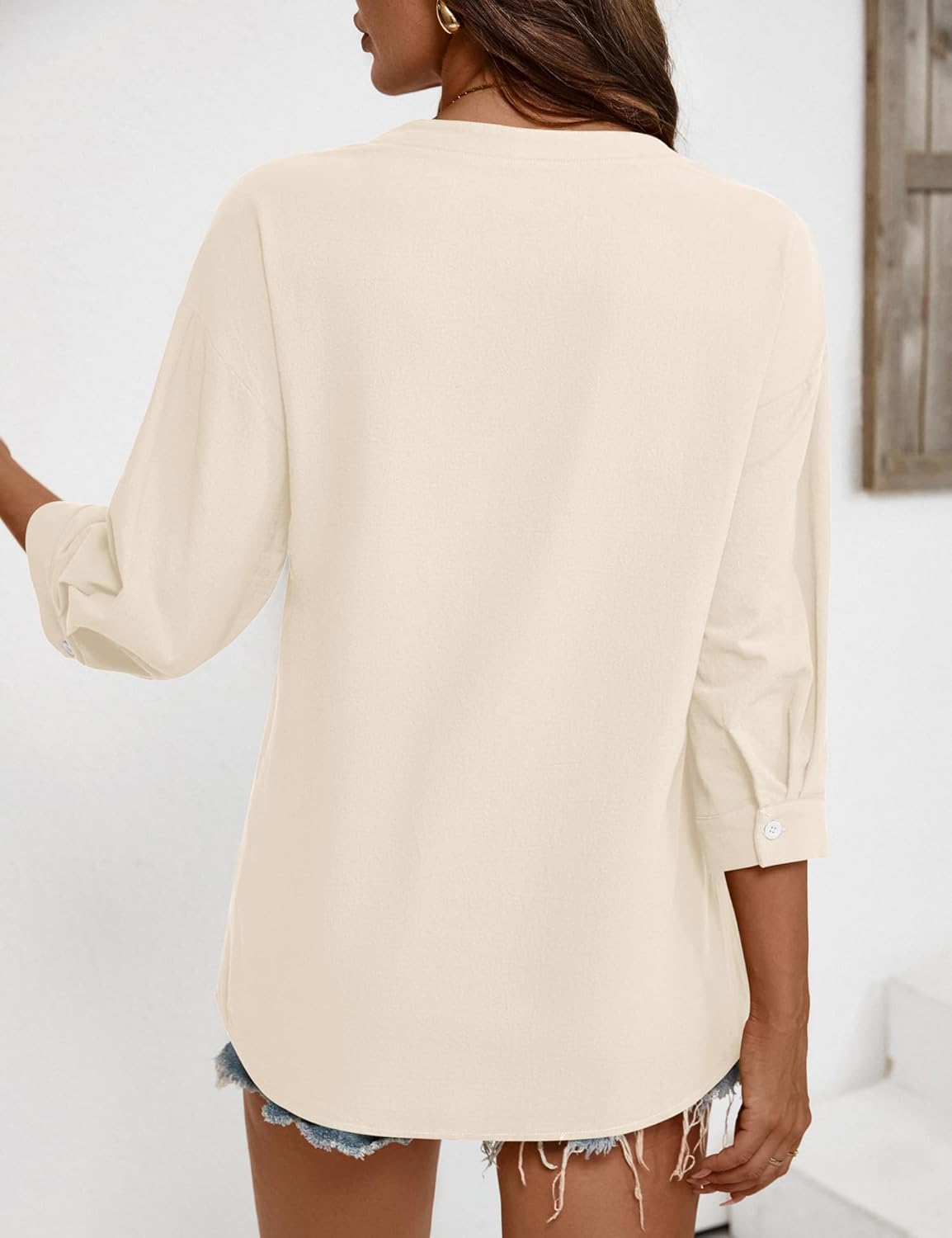 LOMON Womens 3/4 Sleeve Button Down Shirts Cotton Linen Roll Up Short Sleeve Tops V Neck Casual Loose Fit Blouses - Image 6