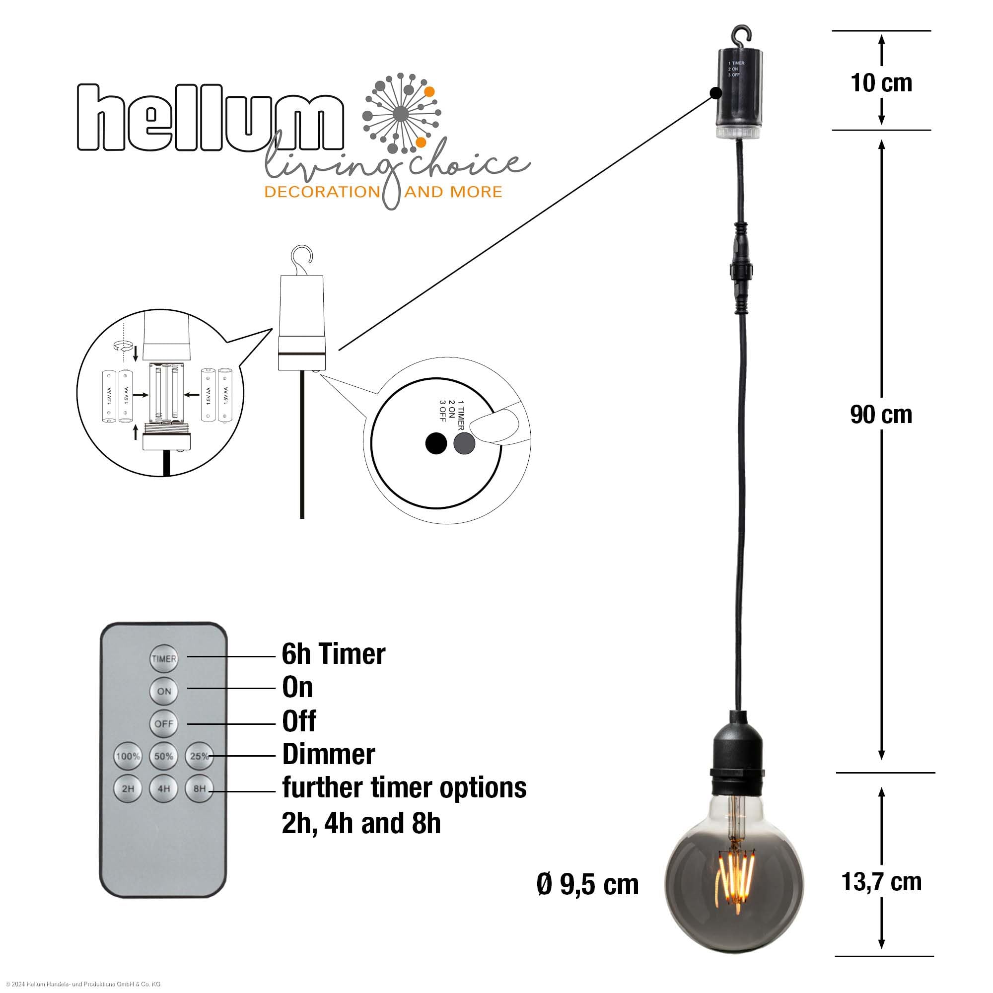 hellum Set di 2 lampade a sospensione vintage per esterni, grigio fumo retrò con timer e dimmer, vetro rotondo G95 Ø 9,5 x 13,7 cm, due lampadine con telecomando, lampadine per esterni 151442