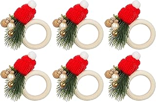 クリスマス ナプキン リング 6 個セット、クリスマス ナプキン リング セット,クリスマス ナプキン リング手作りナプキンホルダー - ナプキンリング松葉スカーフ クリスマス帽子 ナプキンホルダー 6個セット 宴会ダイニングテーブル装飾用