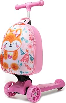 Scooter Suitcase for Kids Ride On Luggage 2-1 Set for Girls Foldable & Lightweight Carry Scooter Luggage for Ages 5-12 Orange Fox Pattern