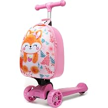 Scooter Suitcase for Kids Ride On Luggage 2-1 Set for Girls Foldable & Lightweight Carry Scooter Luggage for Ages 5-12 Orange Fox Pattern