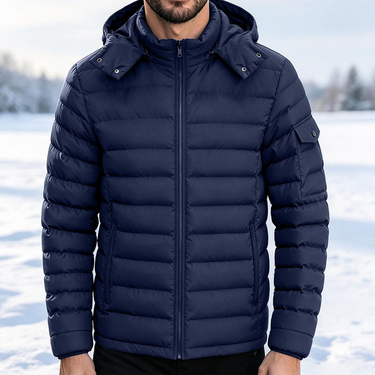 Men's Hooded Puffer Jacket, Winter Warm Quilted Work Coat, Zip Up
