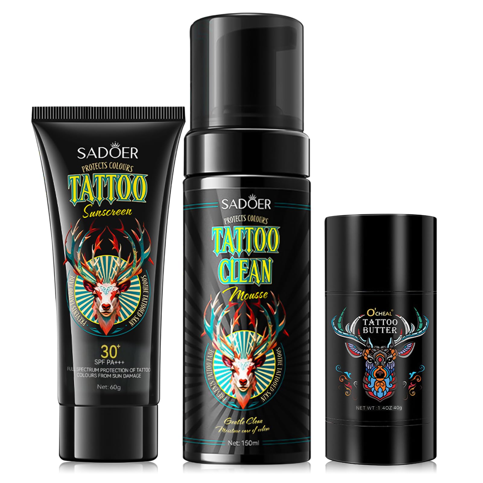 Tattoo Pflege Set, Tattoo Creme Tattoo Butter, mit Tattoo Sonnencreme und Tattoo Reinigungsschaum, After Tattoo Creme, für Verstärkt Tattoo Farben, Schützt Neue Tattoos, Fördert die Heilung