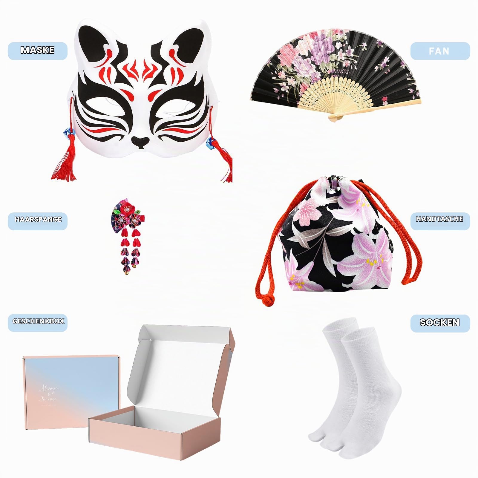 Kimono Damen Japanisch Geisha Kostüm 8er‑Set für Karneval Cosplay, EU 44‑52 | Satin Yukata mit Obi,Kordelzugbeutel,Faltfächer,Maske,Haarklammer und Tabi-Socken in Geschenkbox für Fotografie,Bühne,Party
