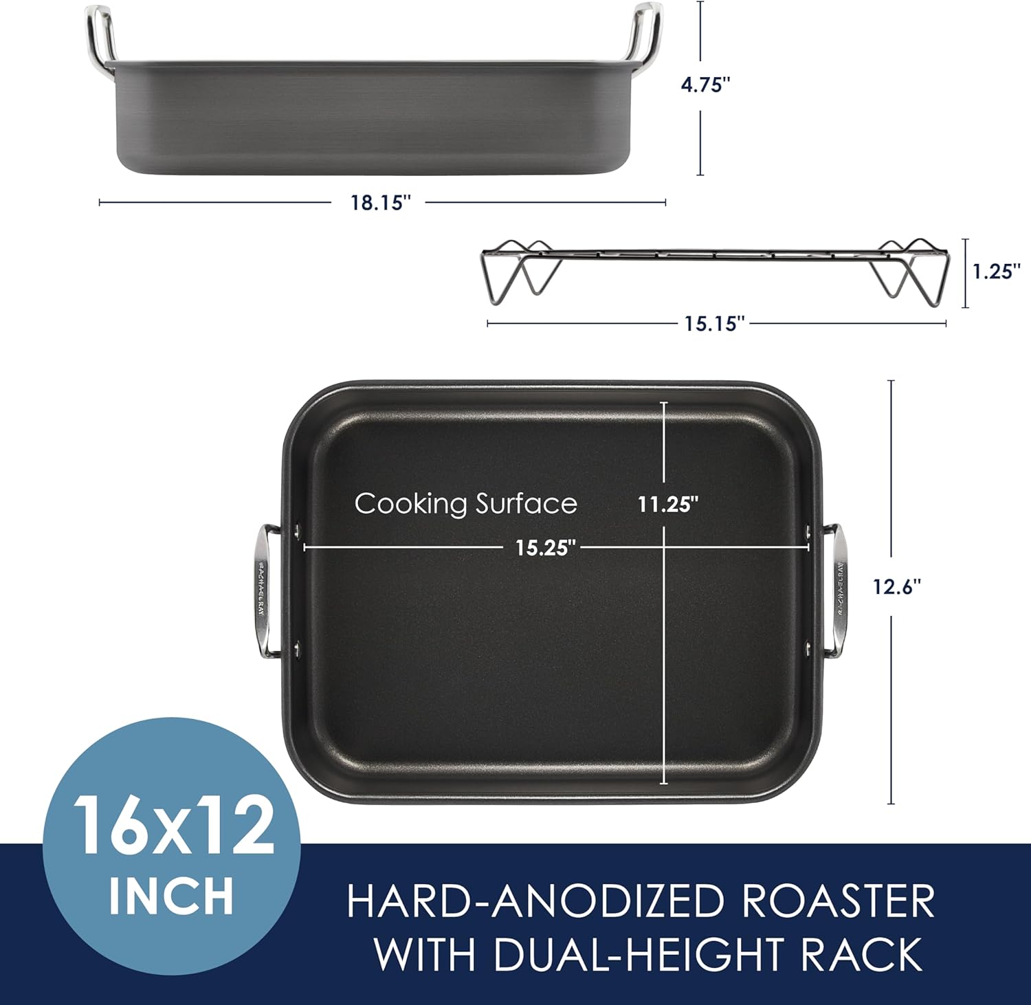 Rachael Ray Brights Hard Anodized Nonstick Roaster / Roasting Pan with Rack - 16 Inch x 12 Inch, Gray