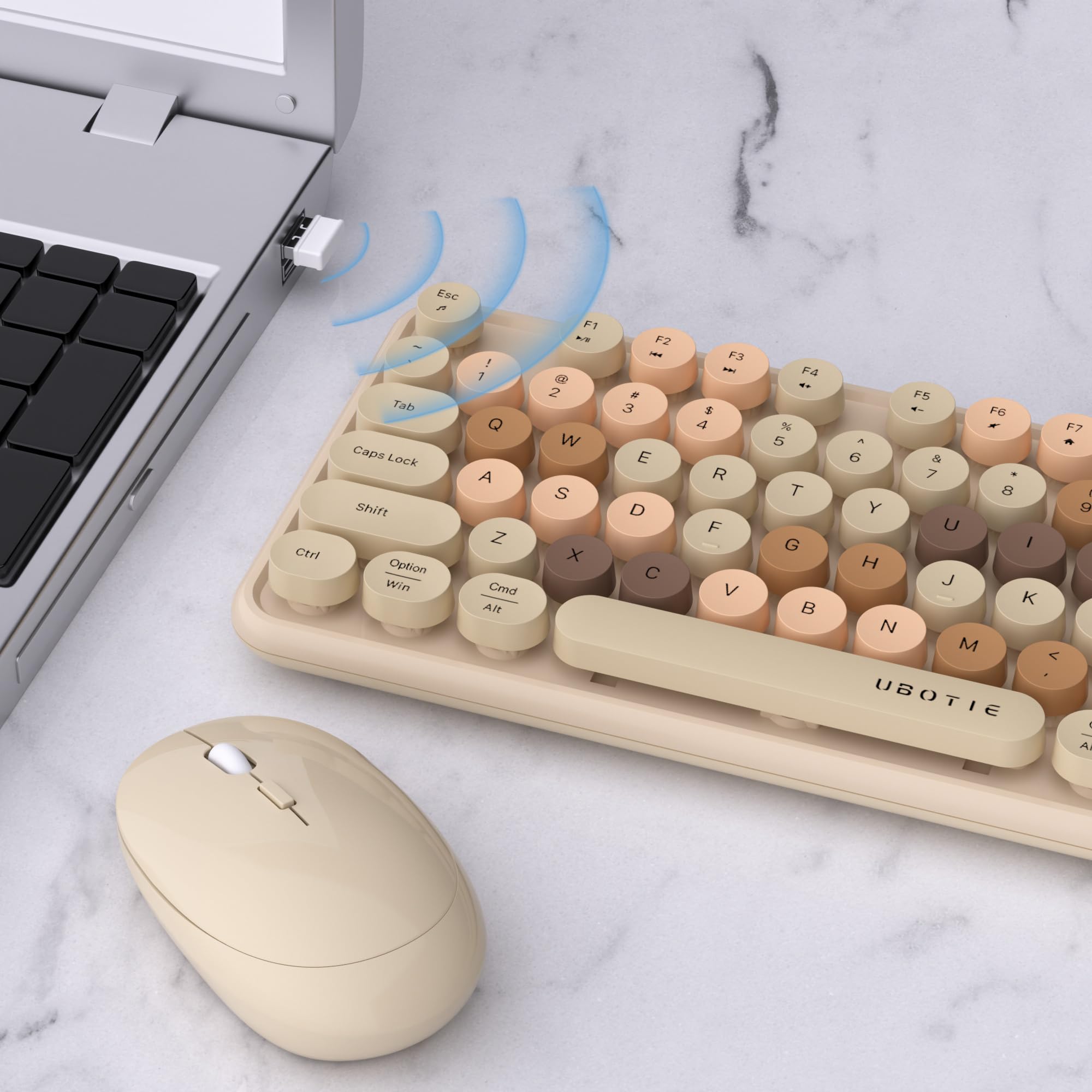 UBOTIE Colorido teclado inalámbrico para computadora, mouse Combos, máquinas de escribir, teclas flexibles para oficina, teclado de tamaño completo, conexión sin abandono de 2.4 GHz y mouse óptico (té