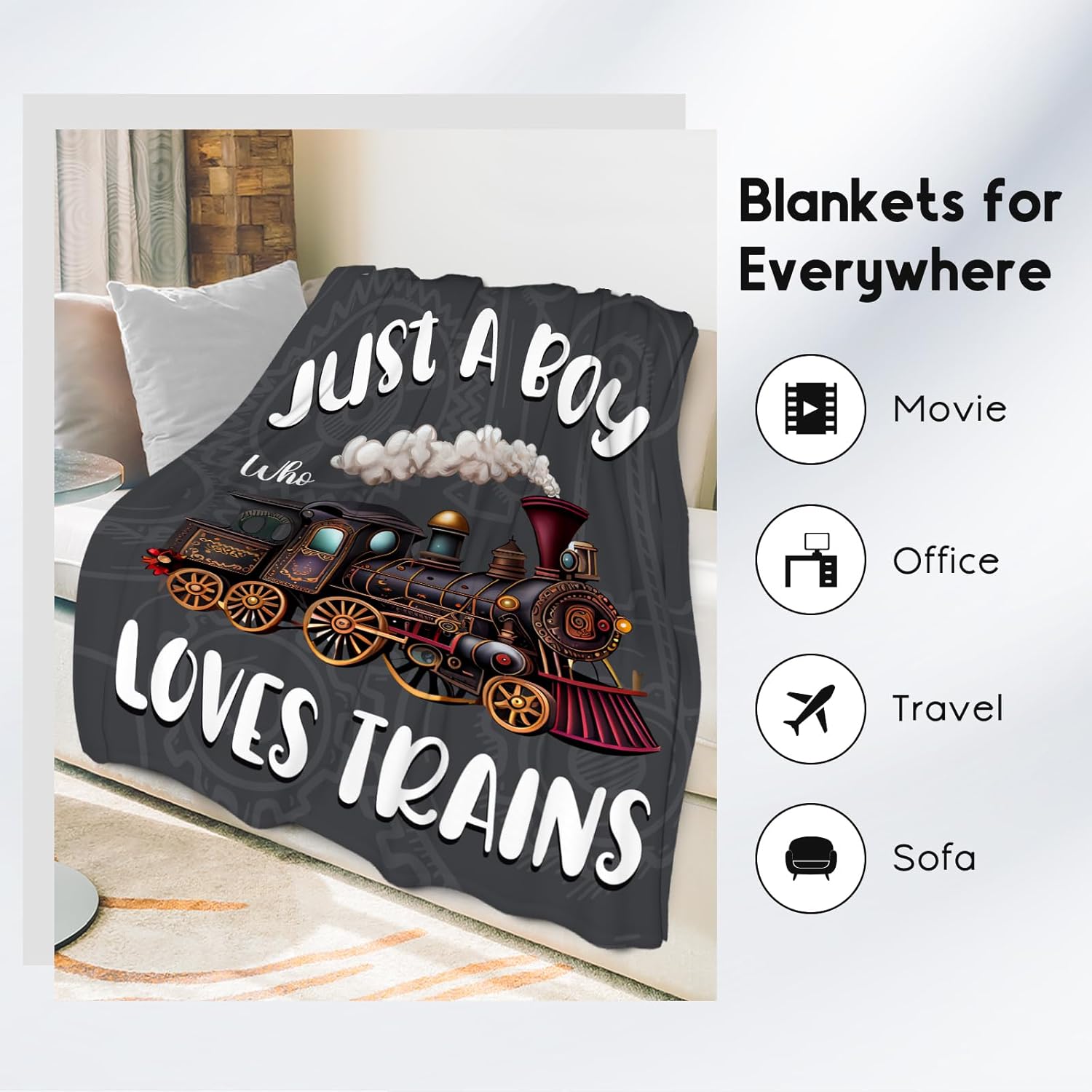 Train Blanket for Boys - 50x60 Inches Throw Size - Soft Fuzzy Plush Throws Gifts - Black Cute Throw Blanket for Bed, Couch & Sofa - Image 3