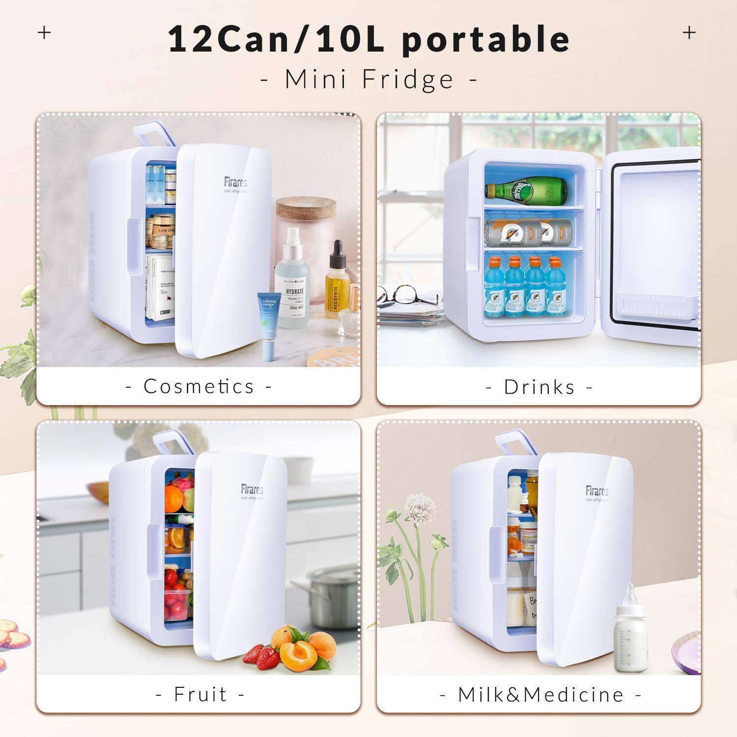 Firares Rapid Cooling 10 Liter/12 Can Mini Fridge for Bedroom, Protable Skincare Fridge for Makeup, Foods, Medications, Breast Milk, Mini Refrigerator for Office and Car Cooler and Warmer (White)…