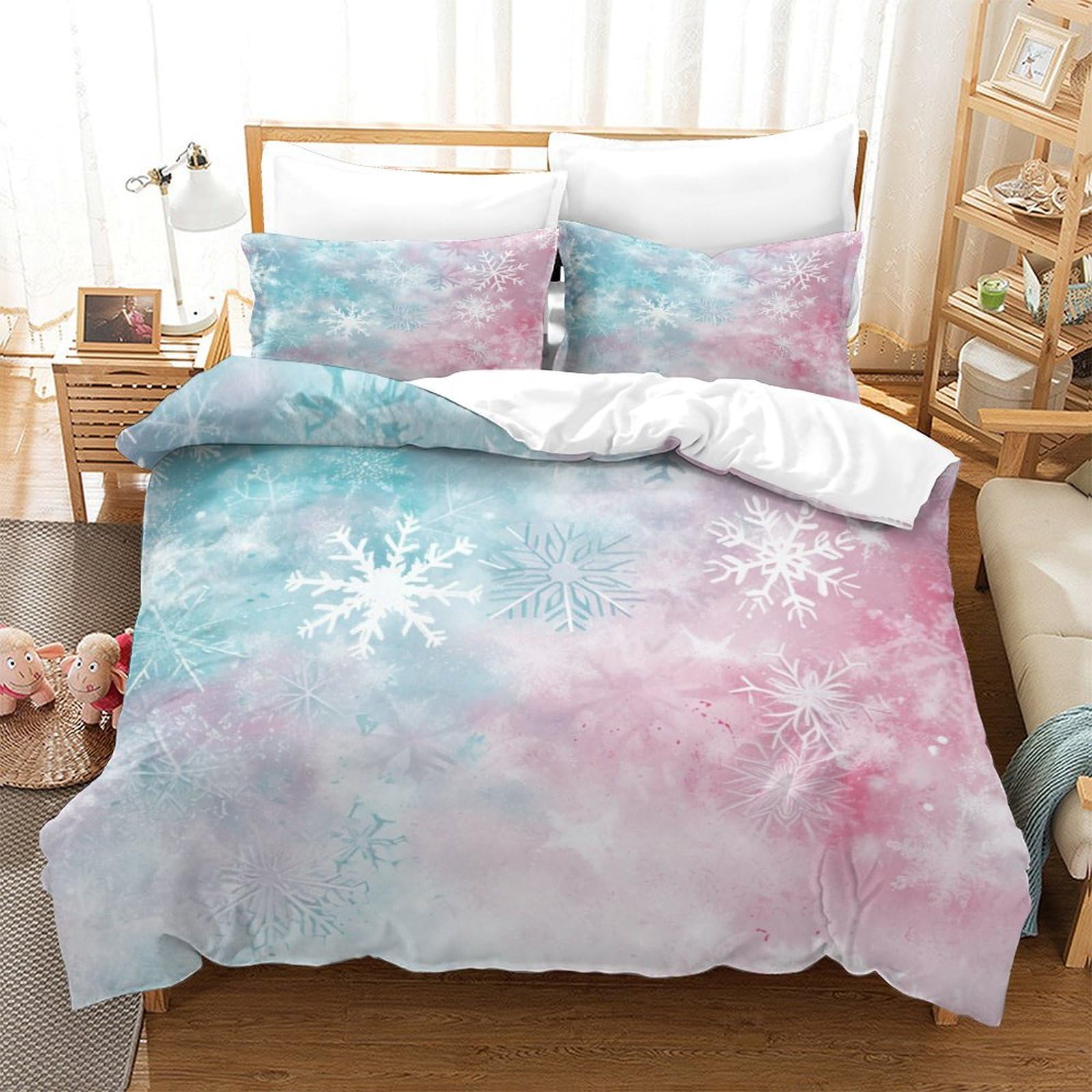 P1S9U7W5Y Dreamy Snowflake 3D Printed Duvet Cover Set 3pcs Microfiber Gradient Snowflake Bedding Set King（220x240cm）