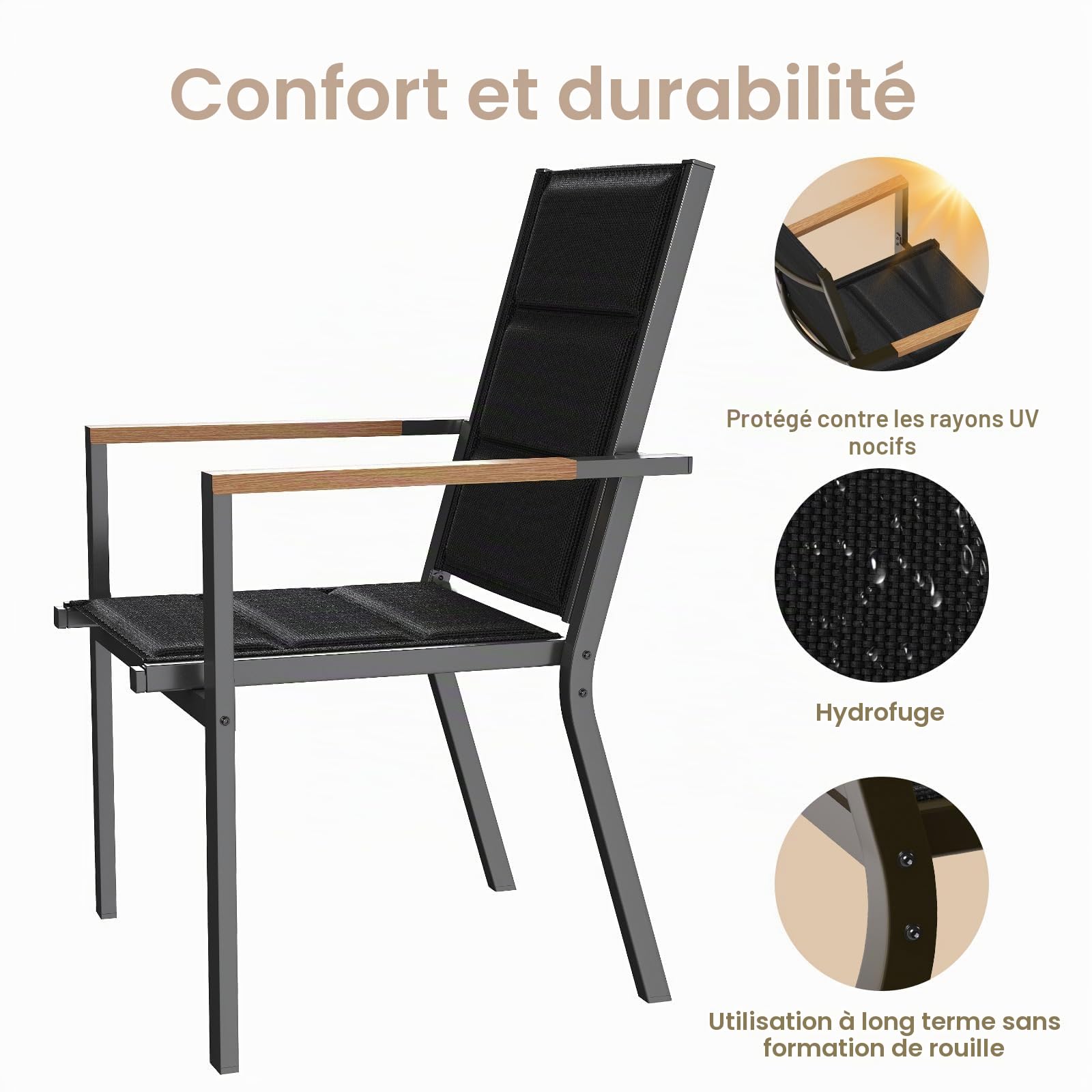 Devoko Ensemble De 2 Chaises De Jardin Exterieur, Chaise De Salle À Manger Empilable en Aluminium, Chaise Fauteuil, pour Le Jardin, La Piscine, La Terrasse, Meubles d'extérieu, Gris Foncé