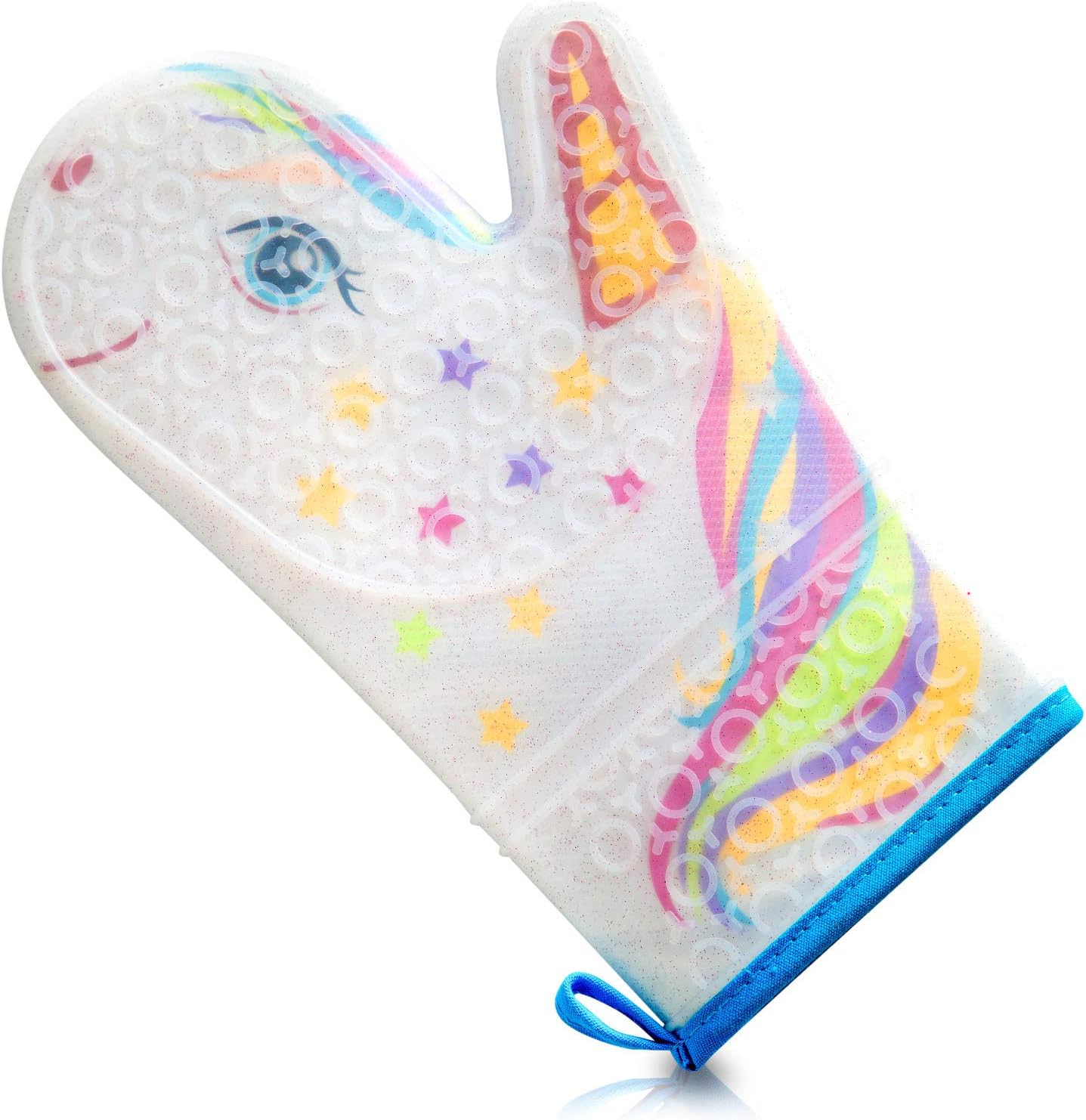 Glitter Magic Unicorn Silicone Oven Mitt - Heat Resistant Kitchen Glove, Soft Silicone, Quilted Fabric Lining