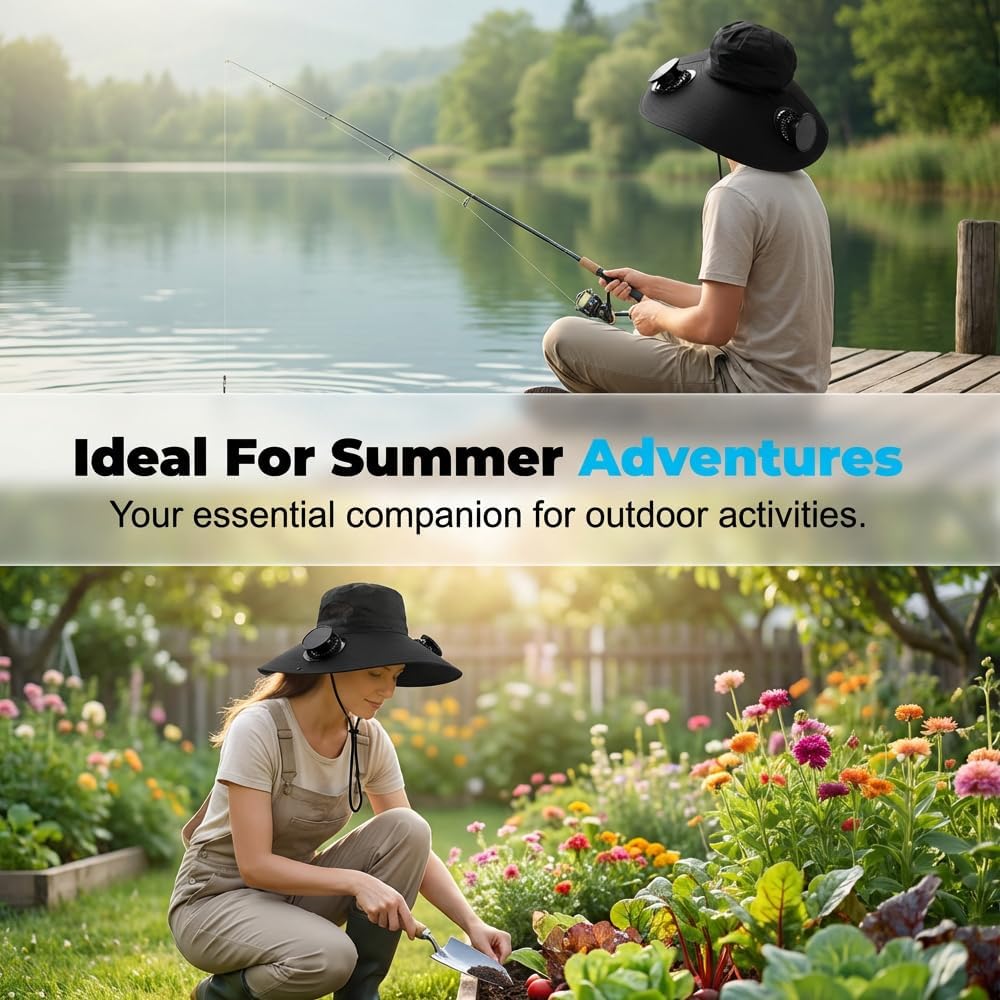 Ultralight Solar Fan Sun Hat, Wide Brim Solar Fan Outdoor Fishing Hat with 2 Fans, UPF 50+ UV Protection
